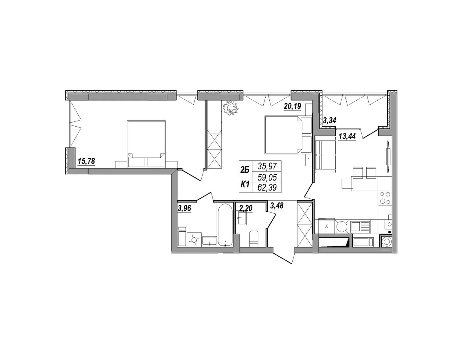 2-комнатная квартира 62.39 кв. м в Тернополе, ул. Будного Степана, 26Б