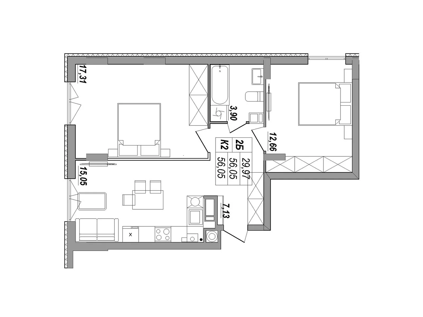 2-комнатная квартира 56.05 кв. м в Тернополе, ул. Будного Степана, 26Б