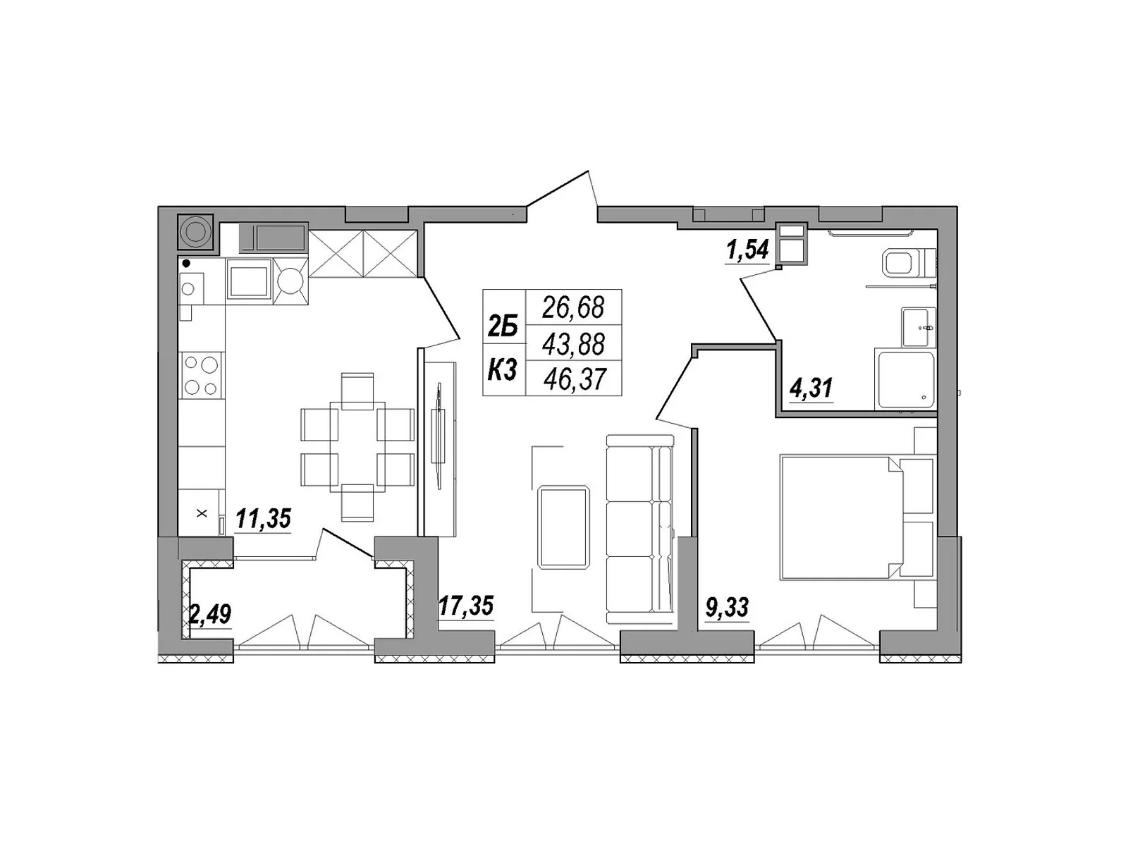 2-комнатная квартира 46.37 кв. м в Тернополе, ул. Будного Степана, 26Б - фото 1