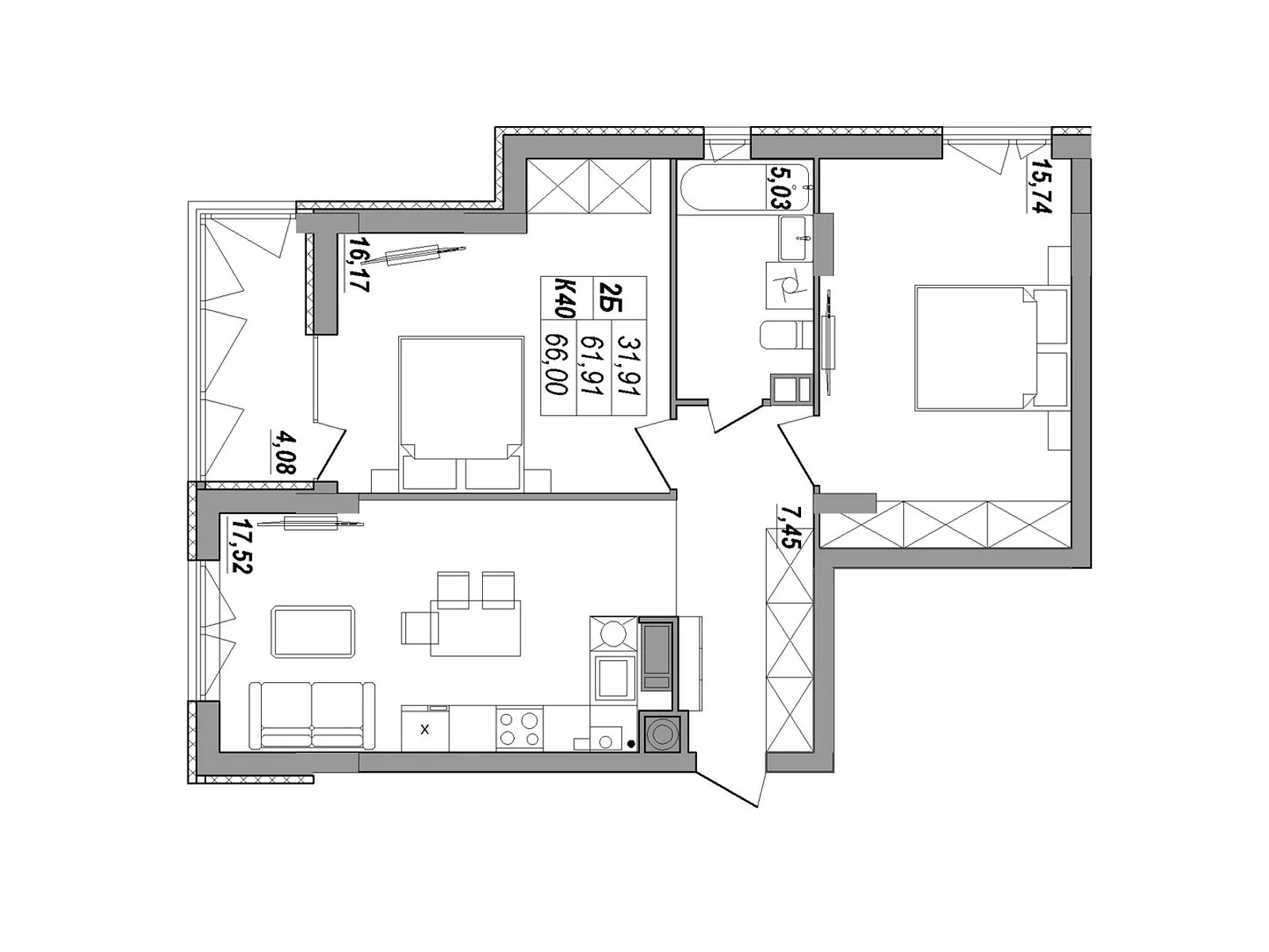 2-комнатная квартира 65.99 кв. м в Тернополе, ул. Будного Степана, 26Б