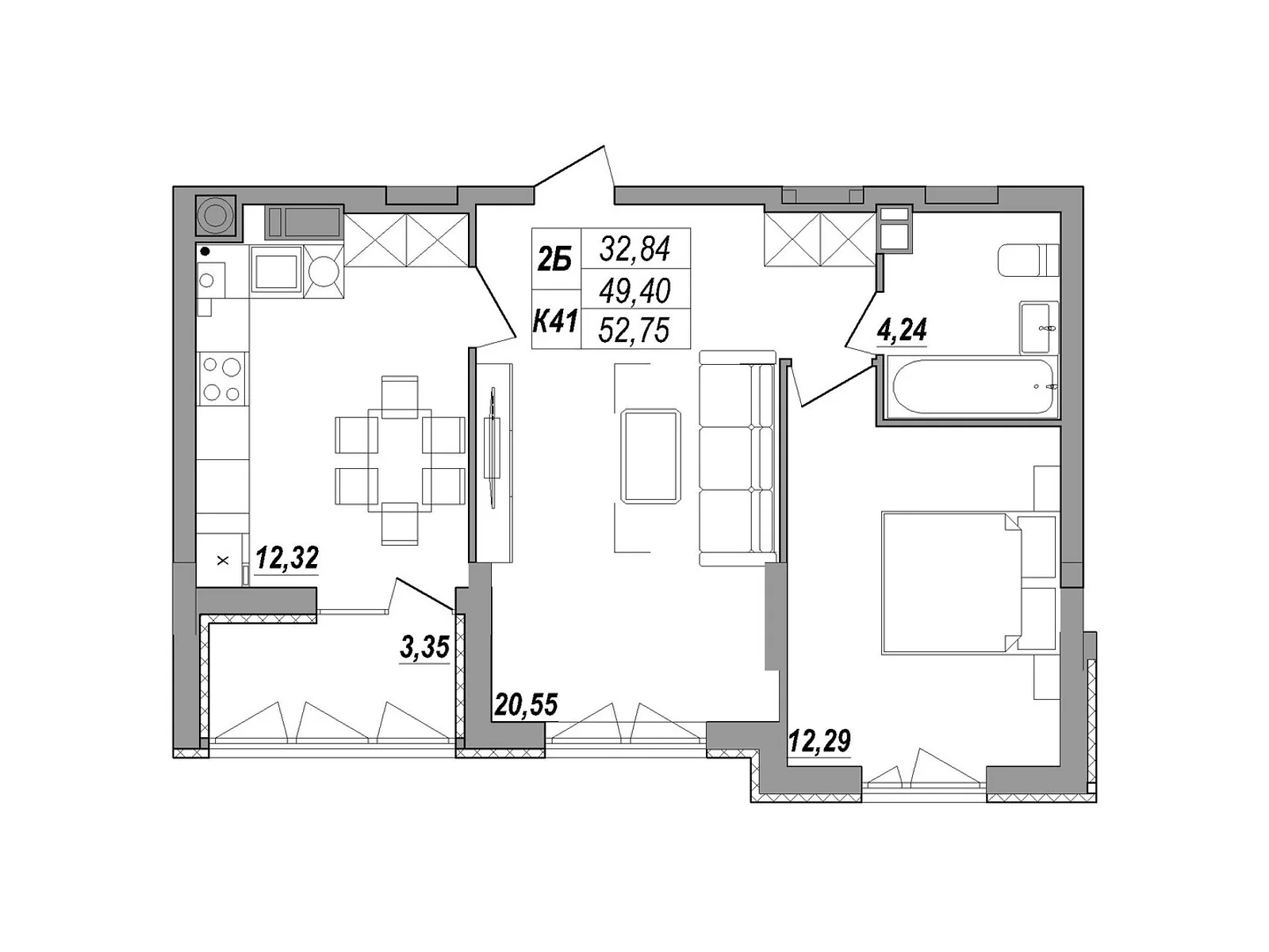 2-кімнатна квартира 52.75 кв. м у Тернополі, вул. Будного Степана, 26Б