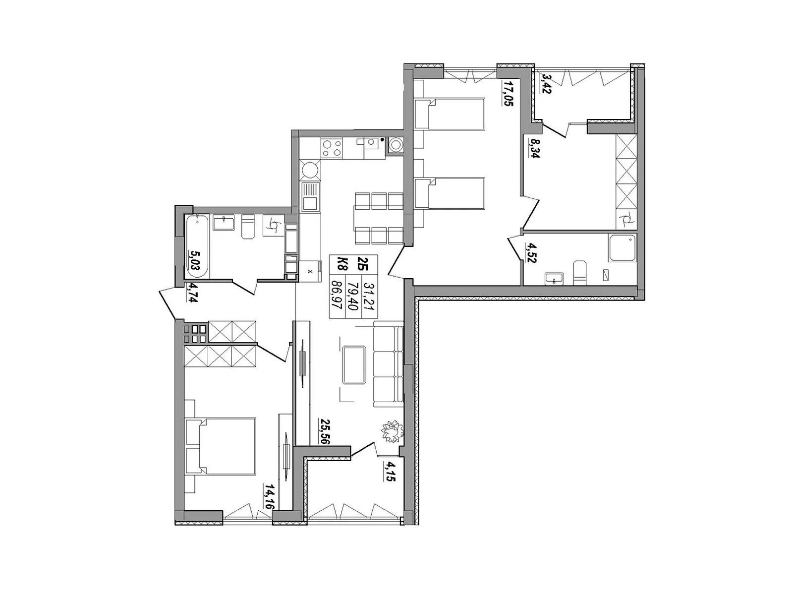 2-комнатная квартира 86.97 кв. м в Тернополе, ул. Будного Степана, 26Б - фото 1