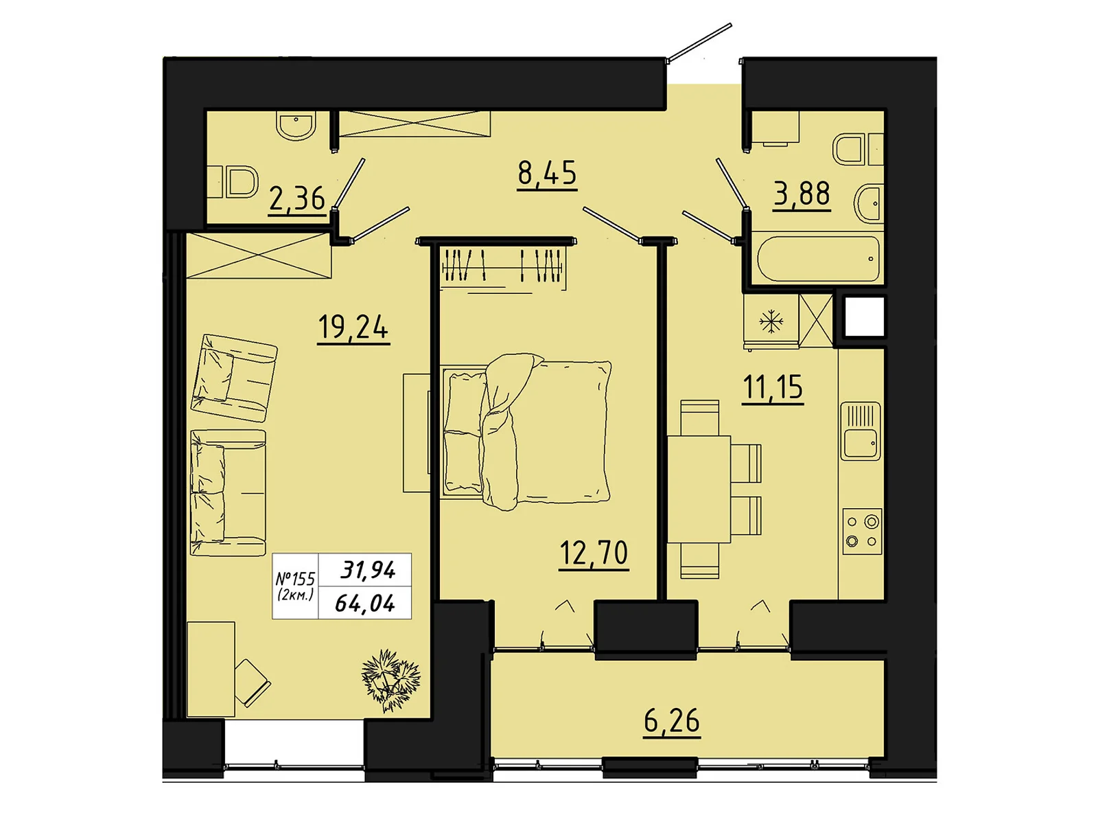 2-кімнатна квартира 64.04 кв. м у Тернополі, цена: 37350 $