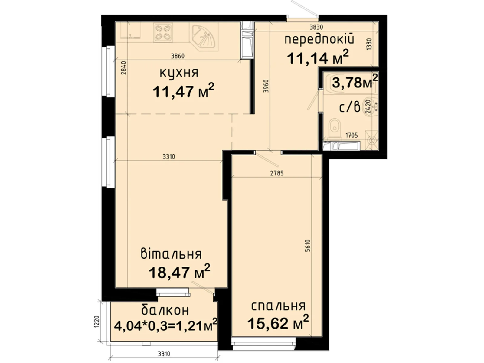 Продается 2-комнатная квартира 61.69 кв. м в Киеве, просп. Академика Глушкова, 42