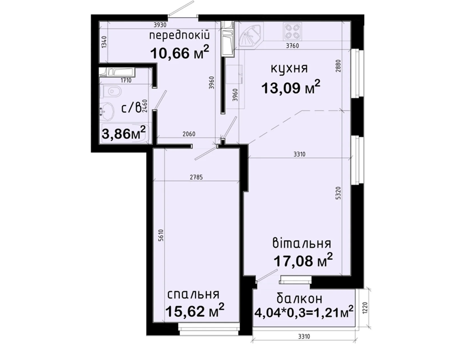 Продається 2-кімнатна квартира 61.52 кв. м у Києві, просп. Академіка Глушкова, 42