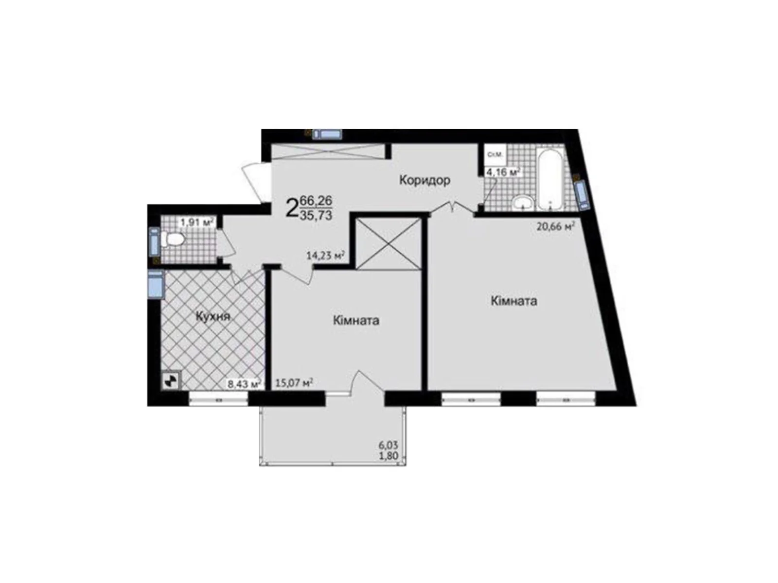 Продается 2-комнатная квартира 66.26 кв. м в Черновцах, цена: 53008 $