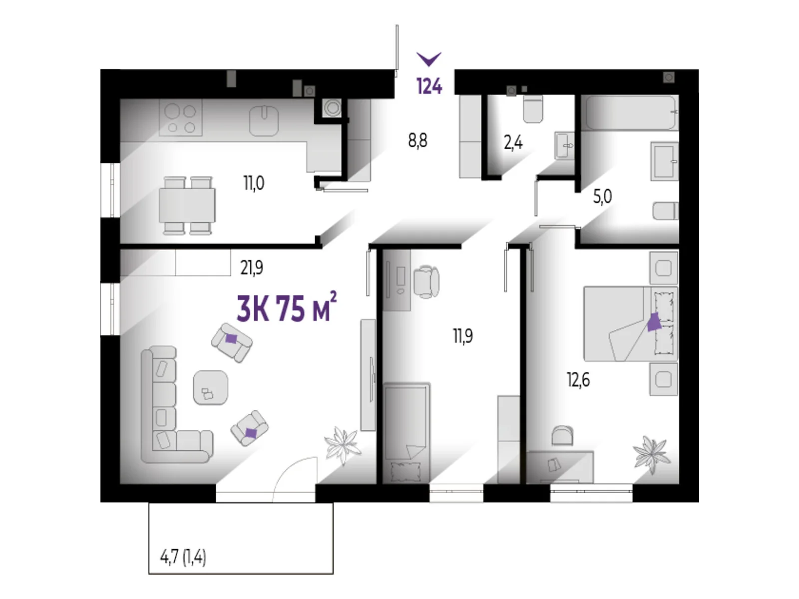 Продается 3-комнатная квартира 75 кв. м в Волчинце, цена: 59250 $