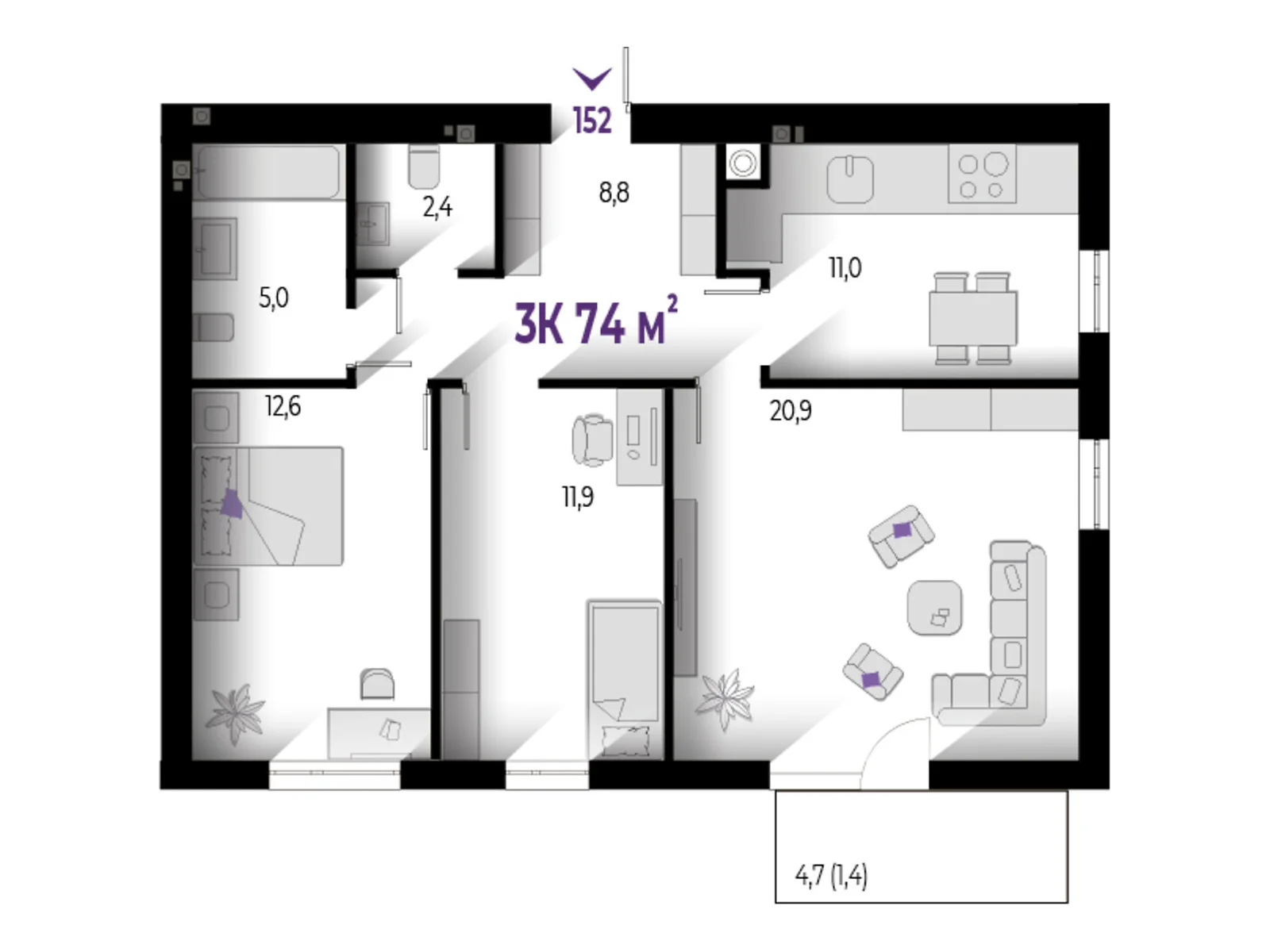 Продается 3-комнатная квартира 74 кв. м в Волчинце, цена: 61420 $ - фото 1