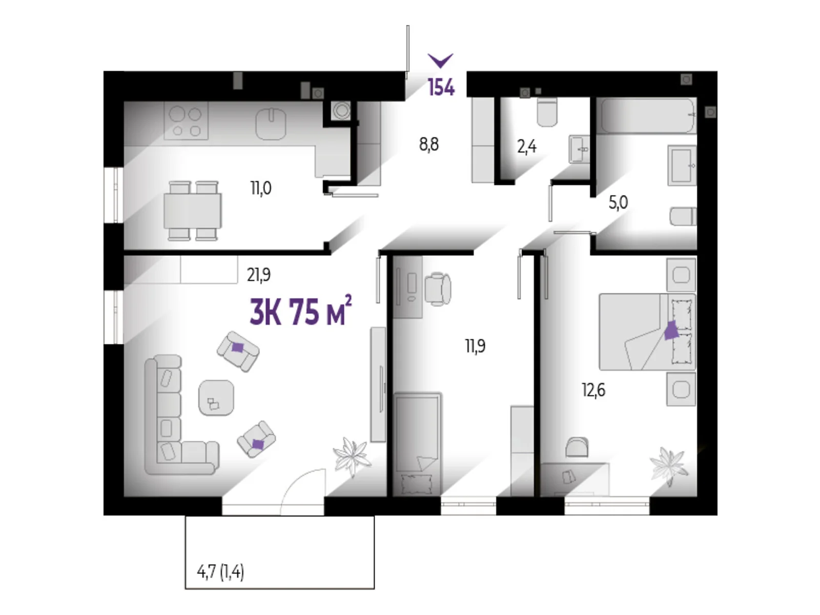 Продается 3-комнатная квартира 75 кв. м в Волчинце, цена: 59250 $ - фото 1