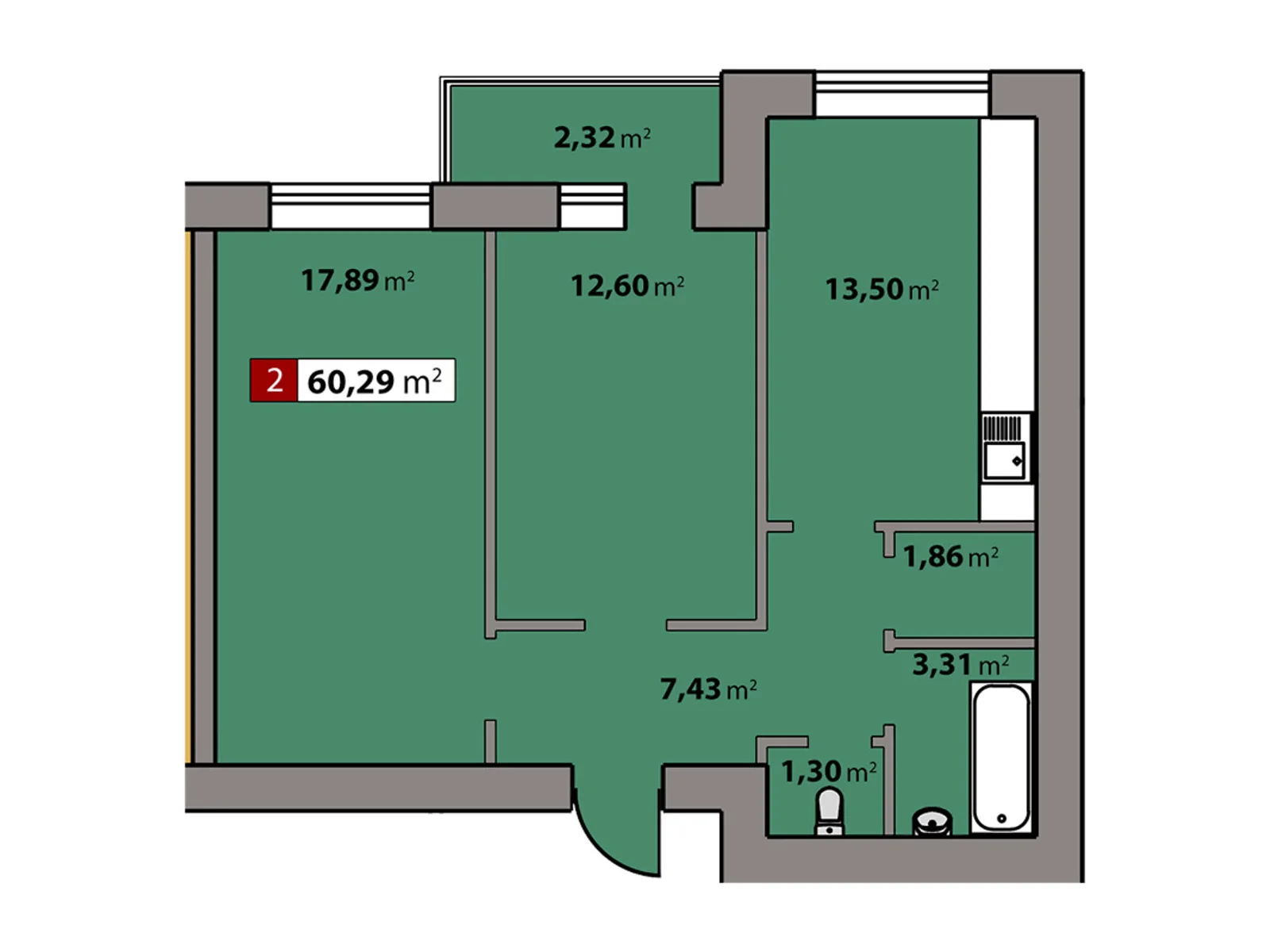 Продается 2-комнатная квартира 60.29 кв. м в Черкассах, ул. Ивана Кожедуба(Путейко), 59 - фото 1