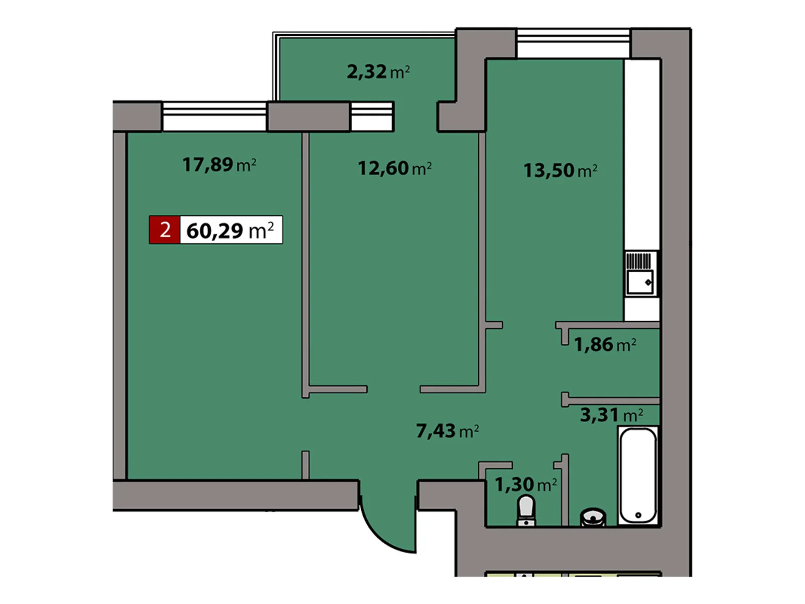 Продається 2-кімнатна квартира 60.29 кв. м у Черкасах, цена: 40849 $