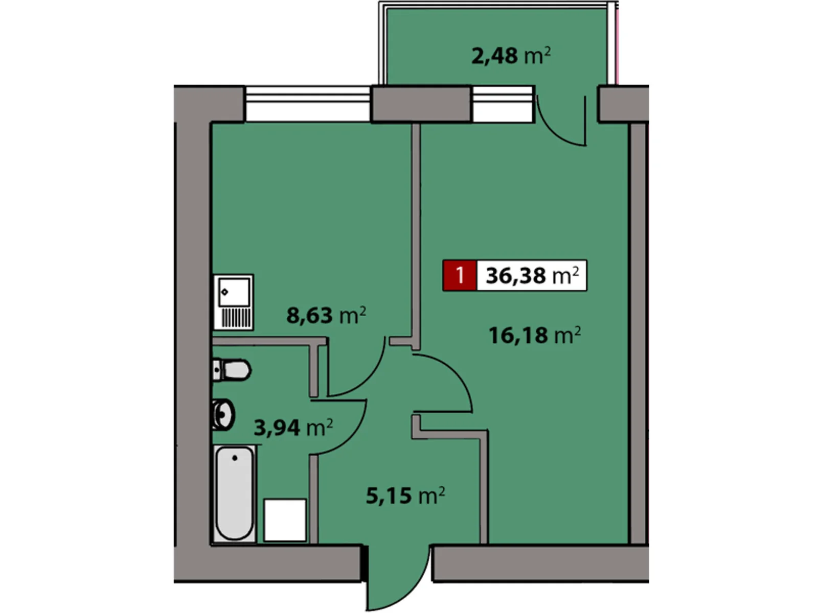 Продается 1-комнатная квартира 36.38 кв. м в Черкассах