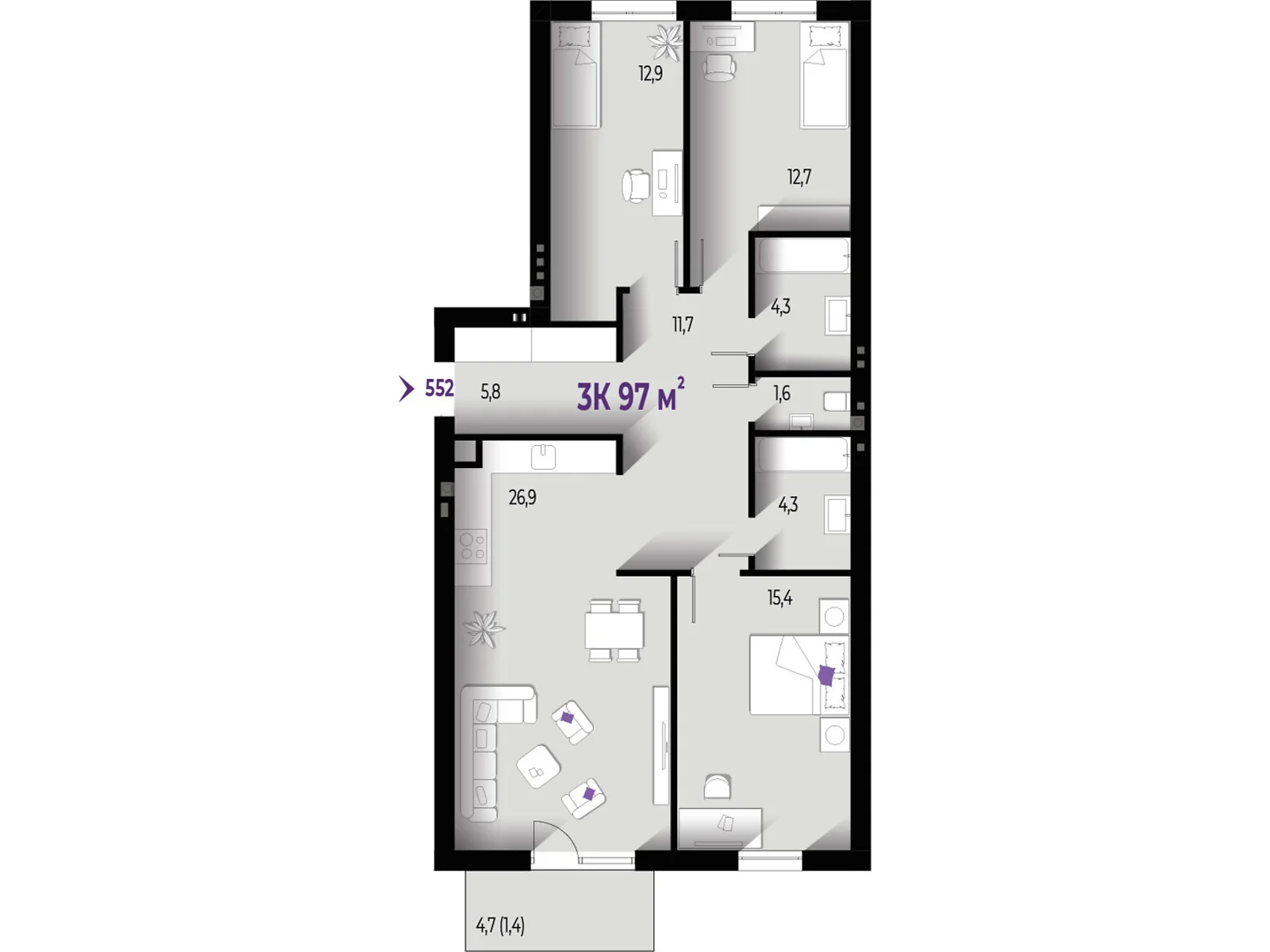 Продается 3-комнатная квартира 97 кв. м в Волчинце, цена: 76630 $