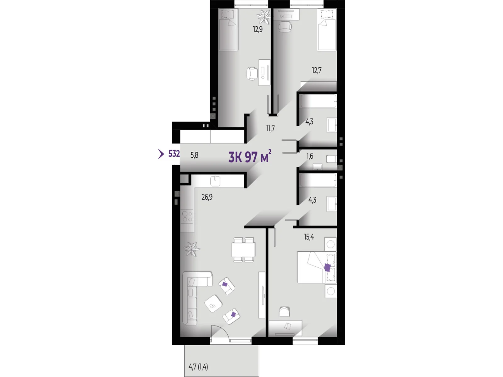 Продается 3-комнатная квартира 97 кв. м в Волчинце, цена: 76630 $