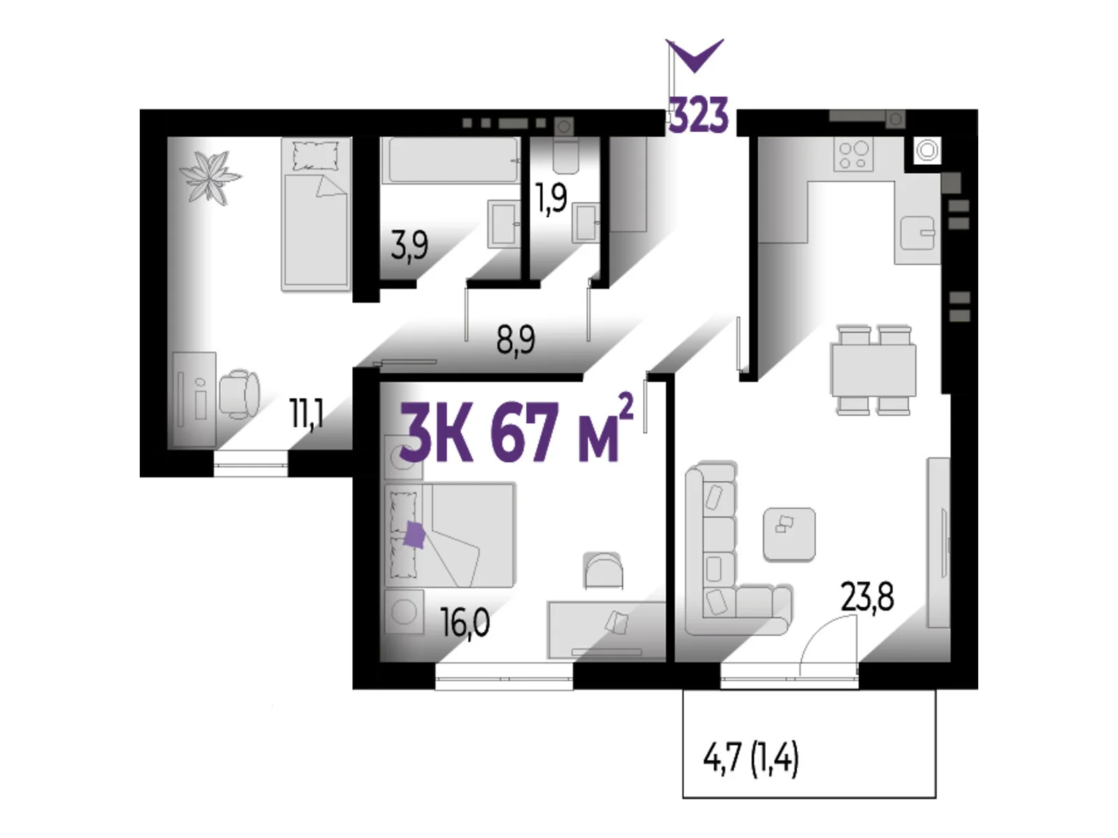 Продається 3-кімнатна квартира 67 кв. м у Вовчинцю, цена: 54270 $