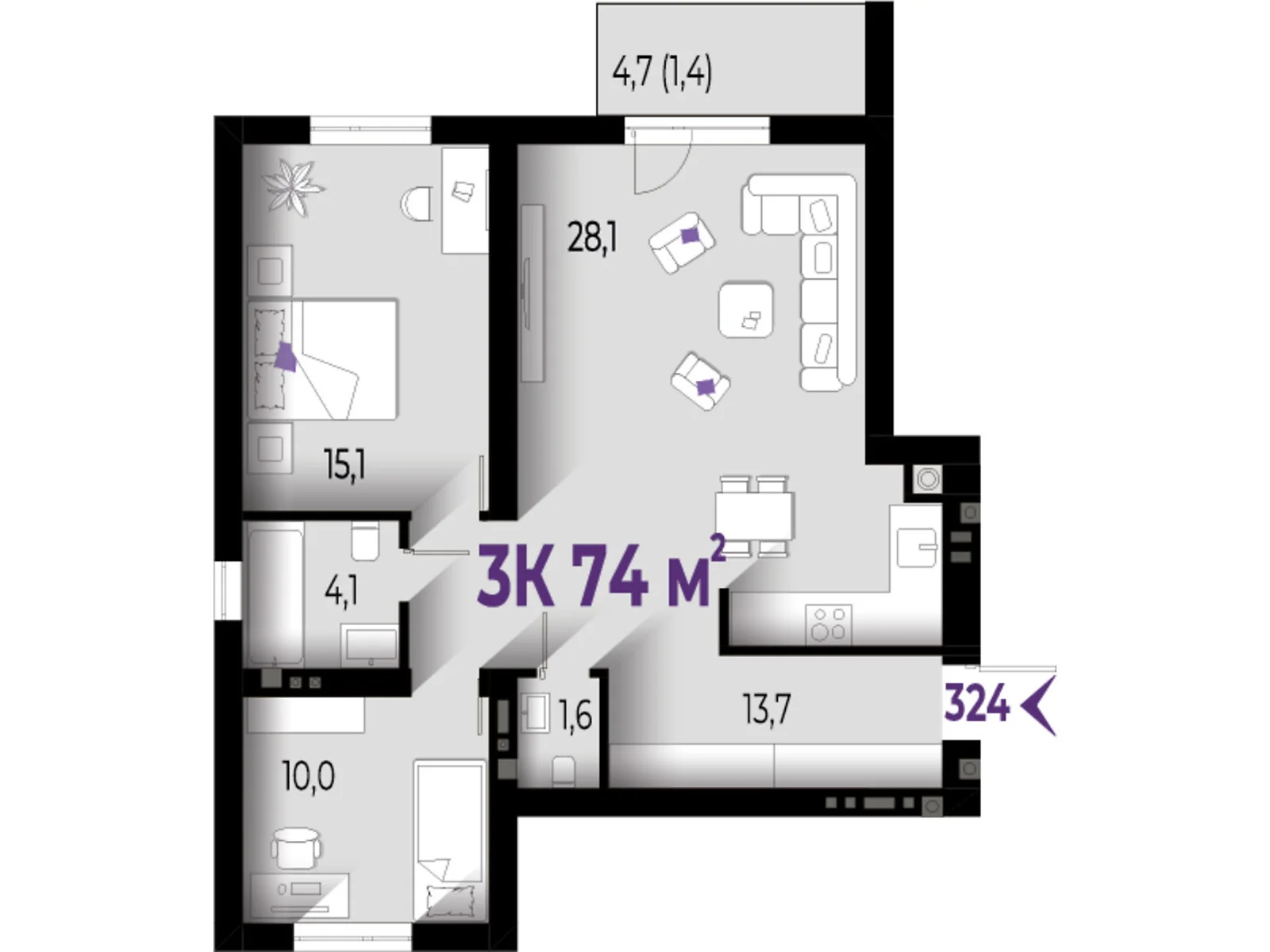 Продается 3-комнатная квартира 74 кв. м в Волчинце, цена: 59940 $ - фото 1