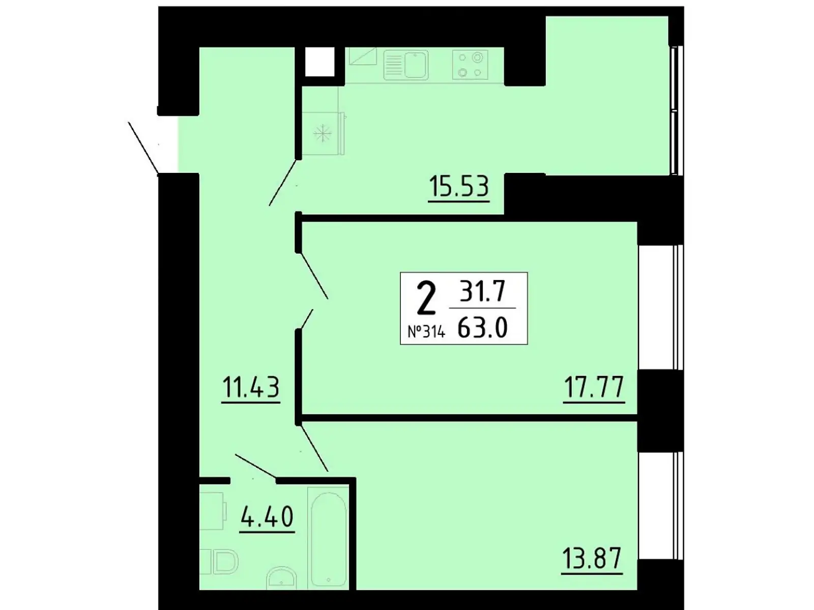 2-комнатная квартира 63 кв. м в Тернополе, ул. Академика Сергея Королева, 7Б - фото 1