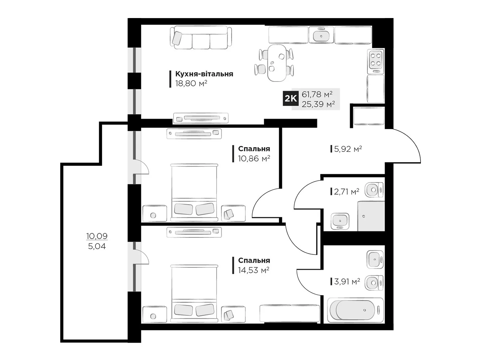 Продается 2-комнатная квартира 61.78 кв. м в Винниках, цена: 79750 $ - фото 1