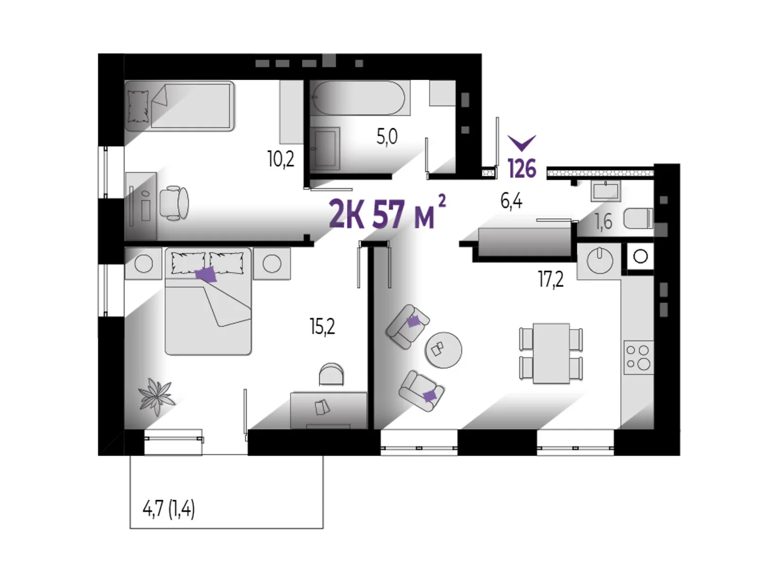 Продается 2-комнатная квартира 57 кв. м в Волчинце, цена: 42750 $