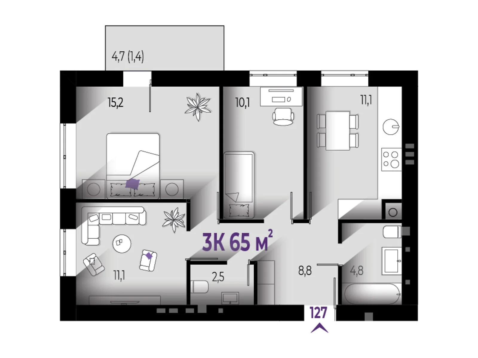 Продается 3-комнатная квартира 65 кв. м в Волчинце, цена: 48750 $