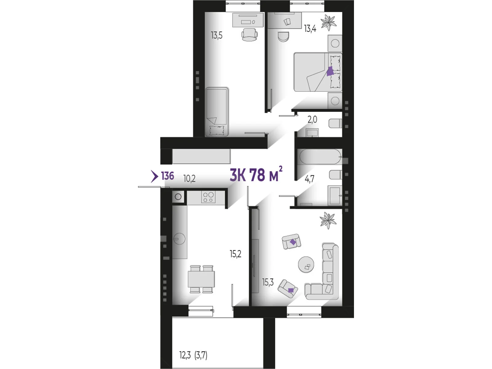 Продается 3-комнатная квартира 78 кв. м в Волчинце, цена: 58500 $