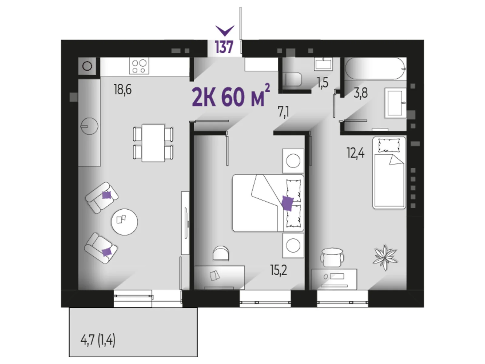 Продается 2-комнатная квартира 60 кв. м в Волчинце, цена: 45000 $