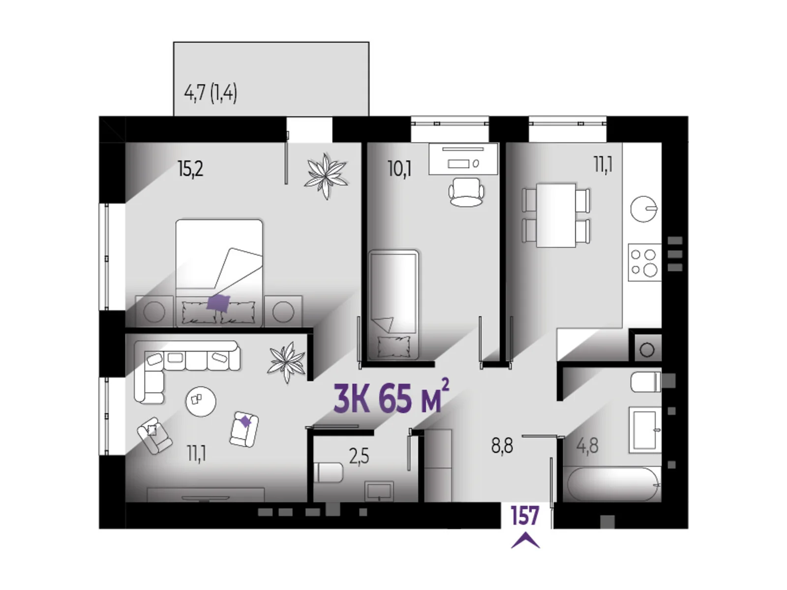 Продається 3-кімнатна квартира 65 кв. м у Вовчинцю, цена: 48750 $