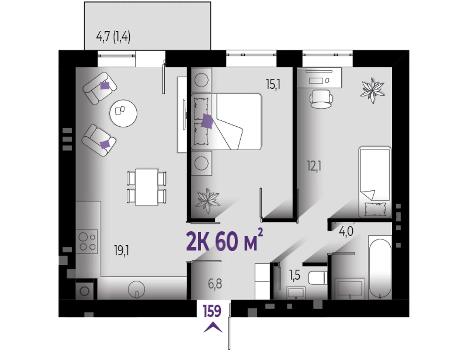 Продається 2-кімнатна квартира 60 кв. м у Вовчинцю, цена: 45000 $