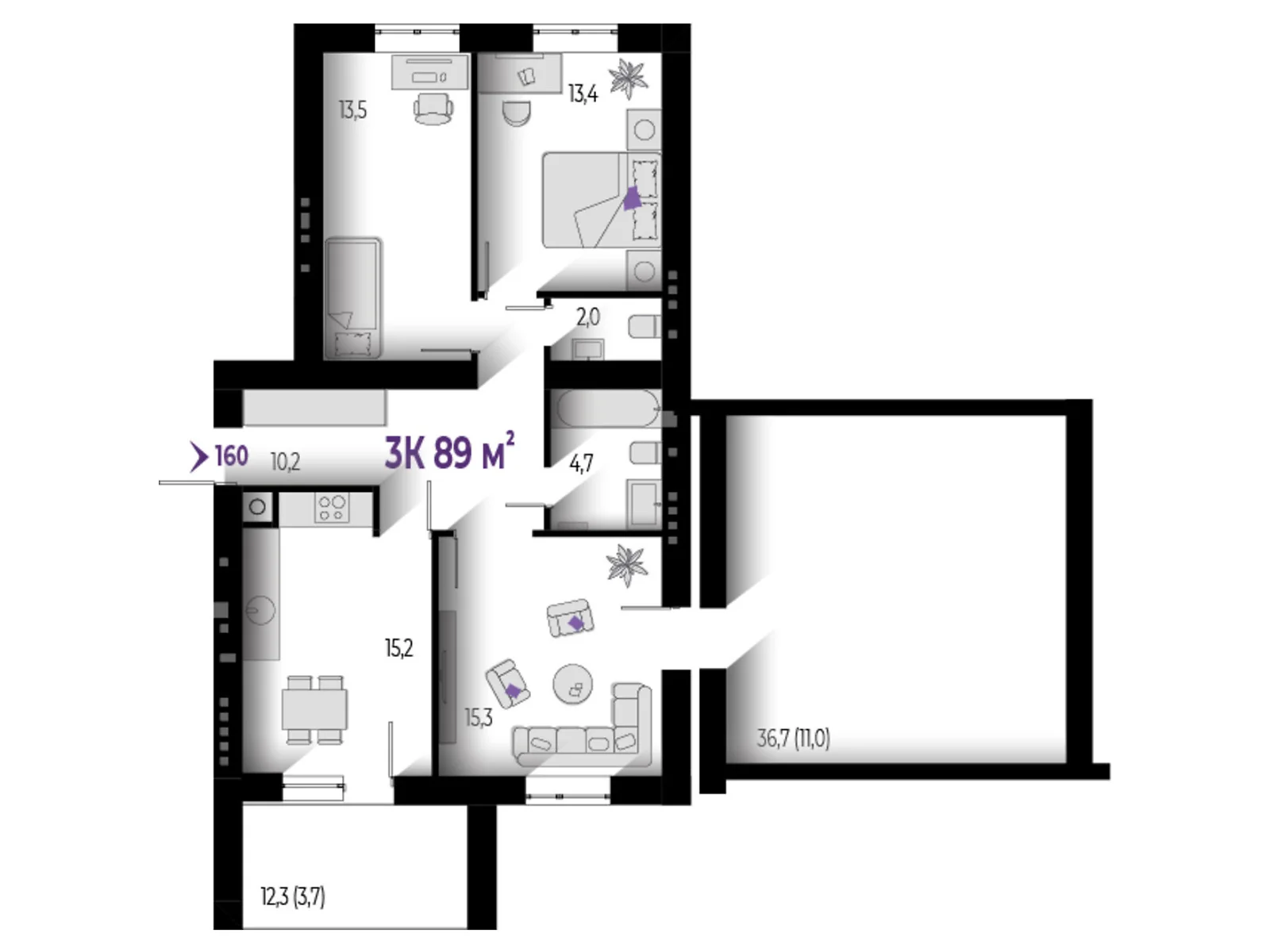 Продается 3-комнатная квартира 89 кв. м в Волчинце, цена: 66750 $