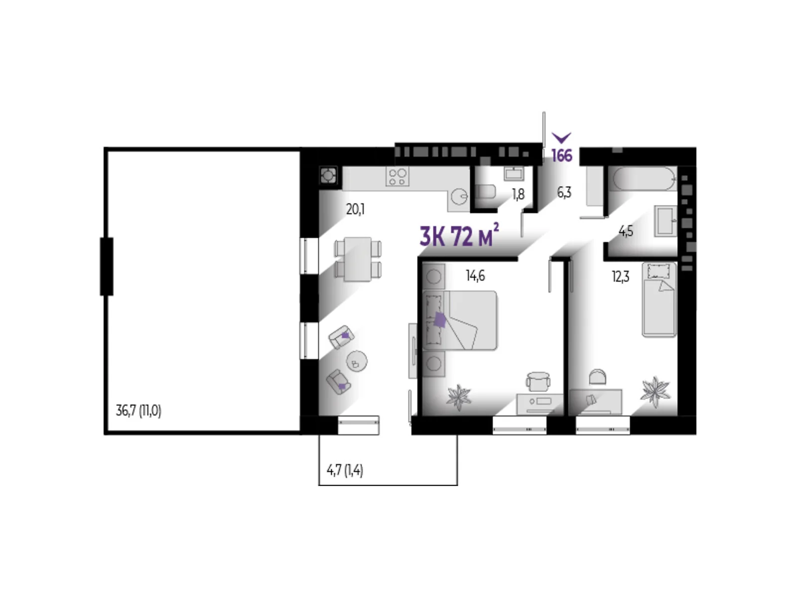Продается 3-комнатная квартира 72 кв. м в Волчинце, цена: 54000 $