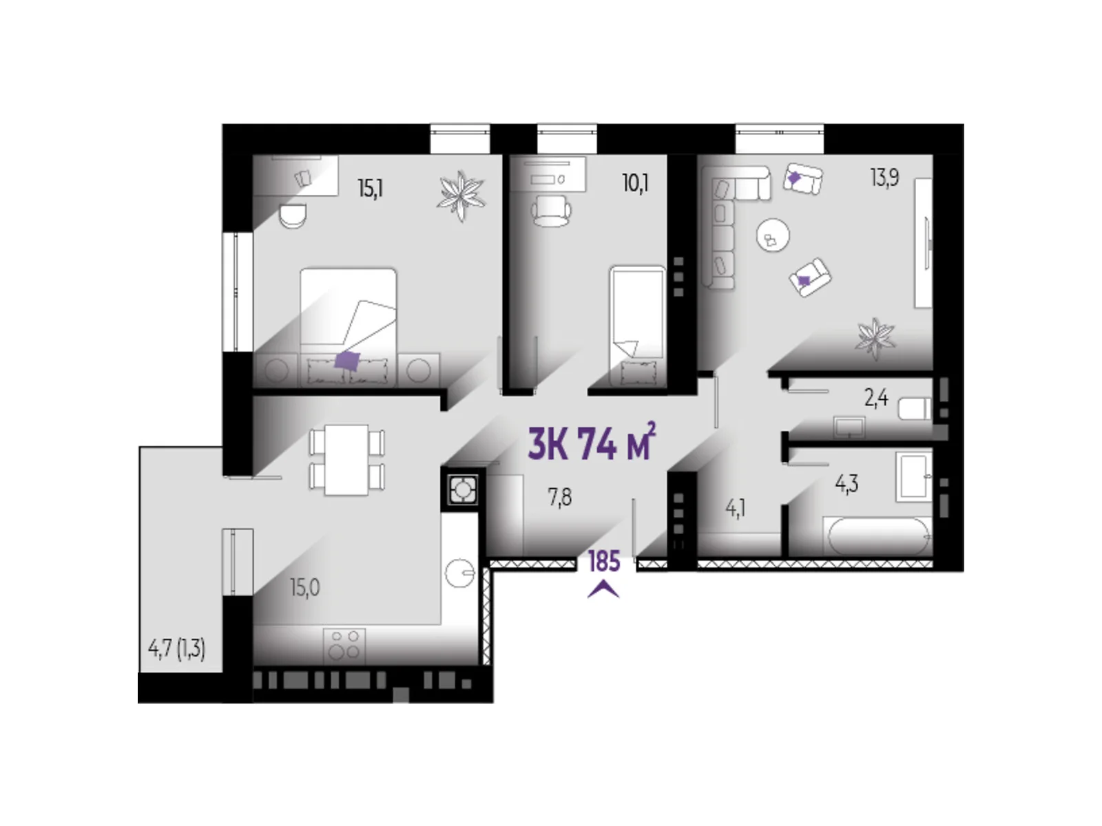 Продається 3-кімнатна квартира 74 кв. м у Вовчинцю, цена: 55500 $