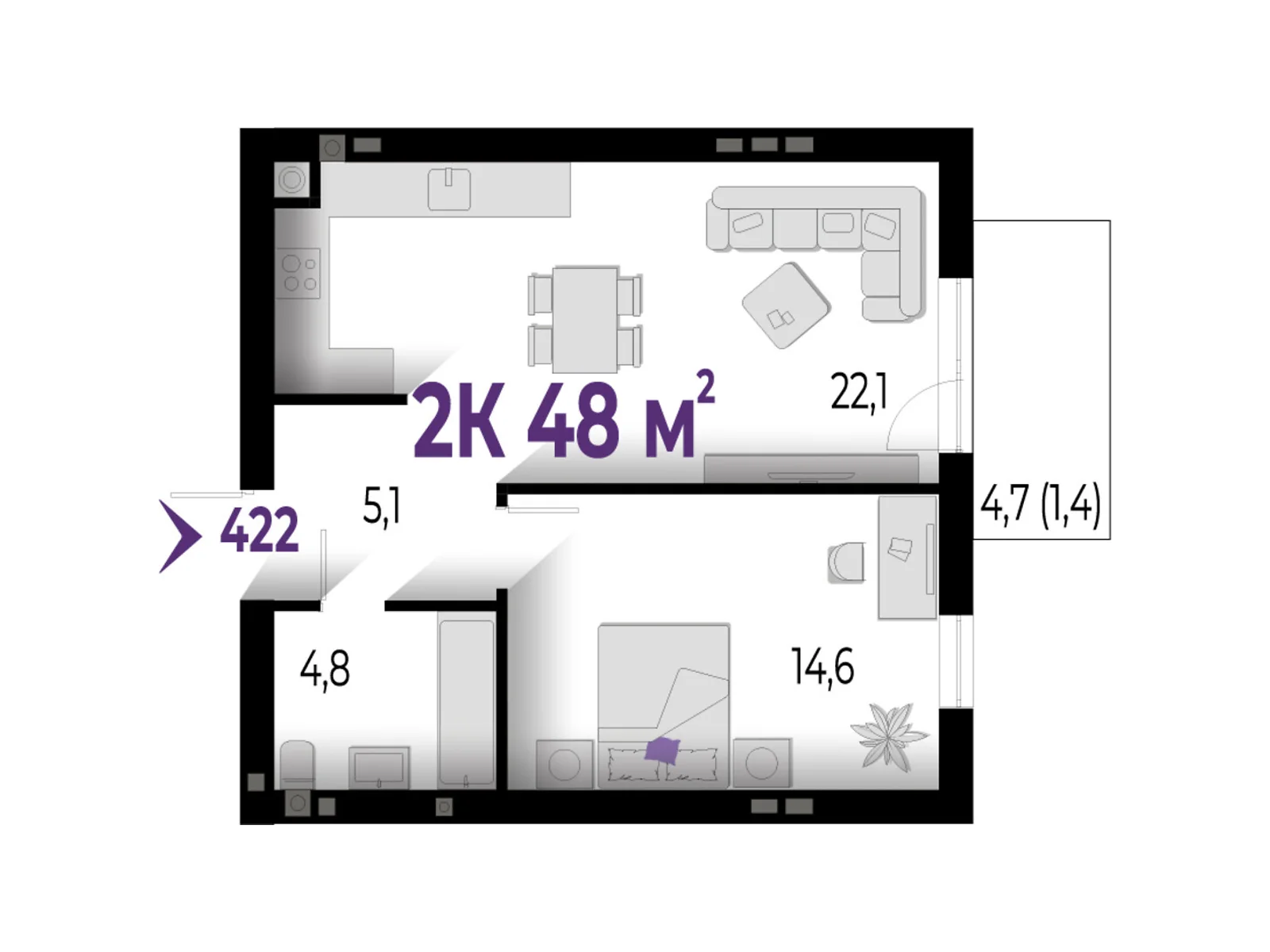 Продается 2-комнатная квартира 48 кв. м в Волчинце