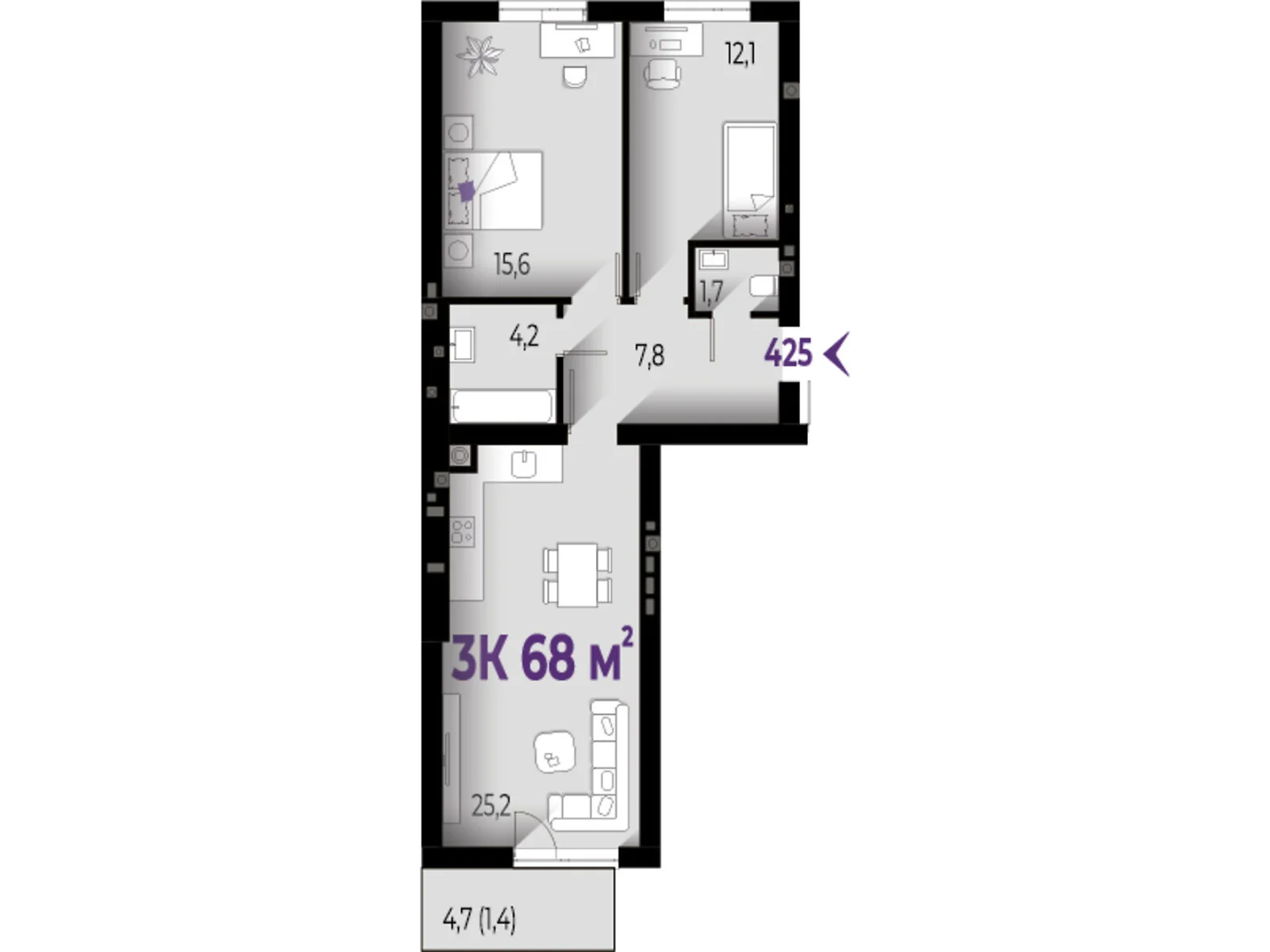 Продается 3-комнатная квартира 68 кв. м в Волчинце, цена: 55080 $