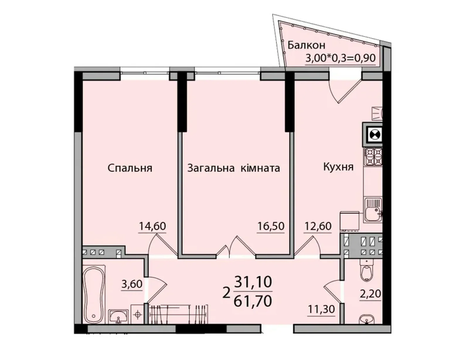 Продается 2-комнатная квартира 61.7 кв. м в Черновцах