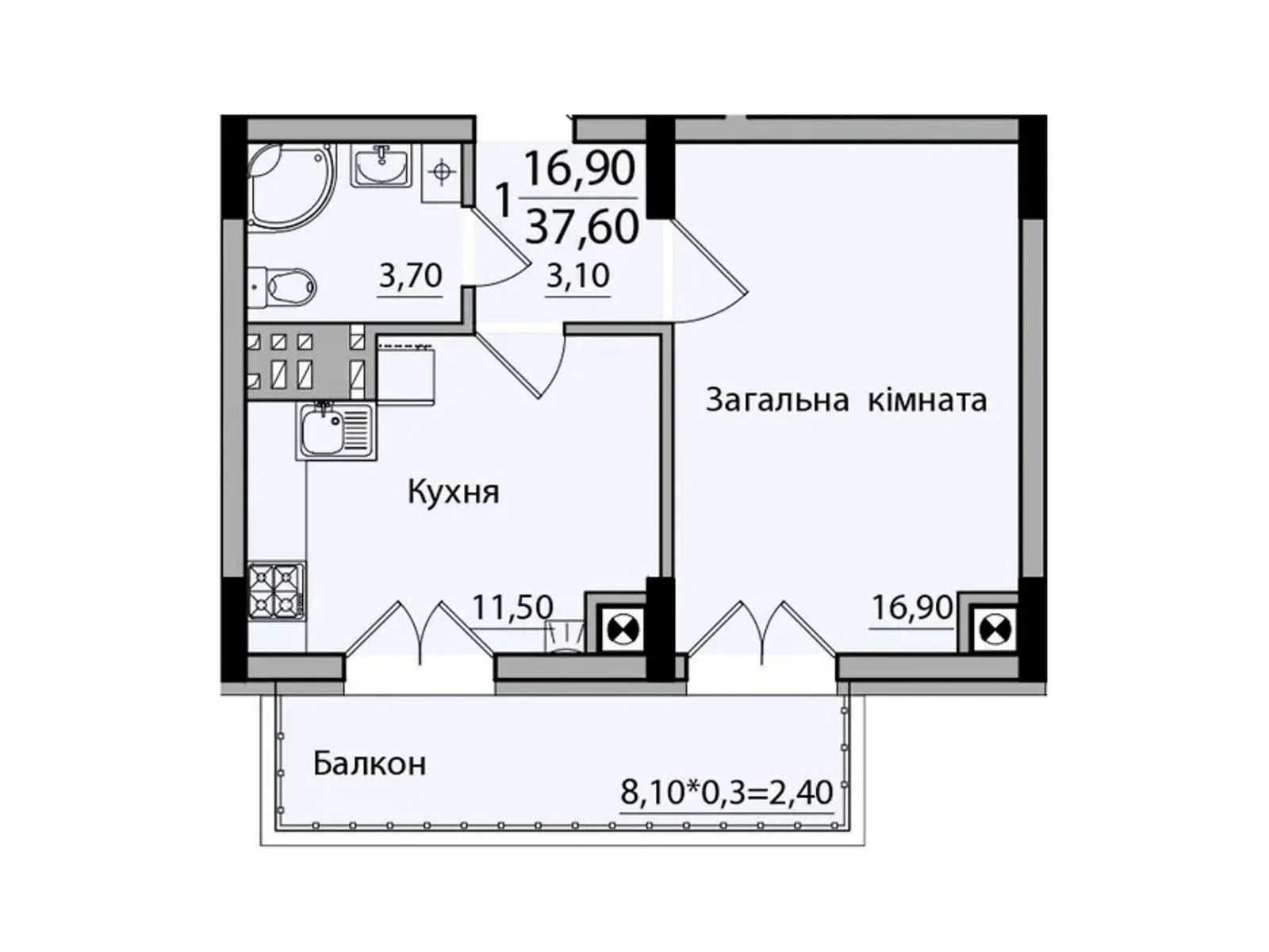 Продається 1-кімнатна квартира 37.6 кв. м у Чернівцях, вул. Руська, 238 - фото 1