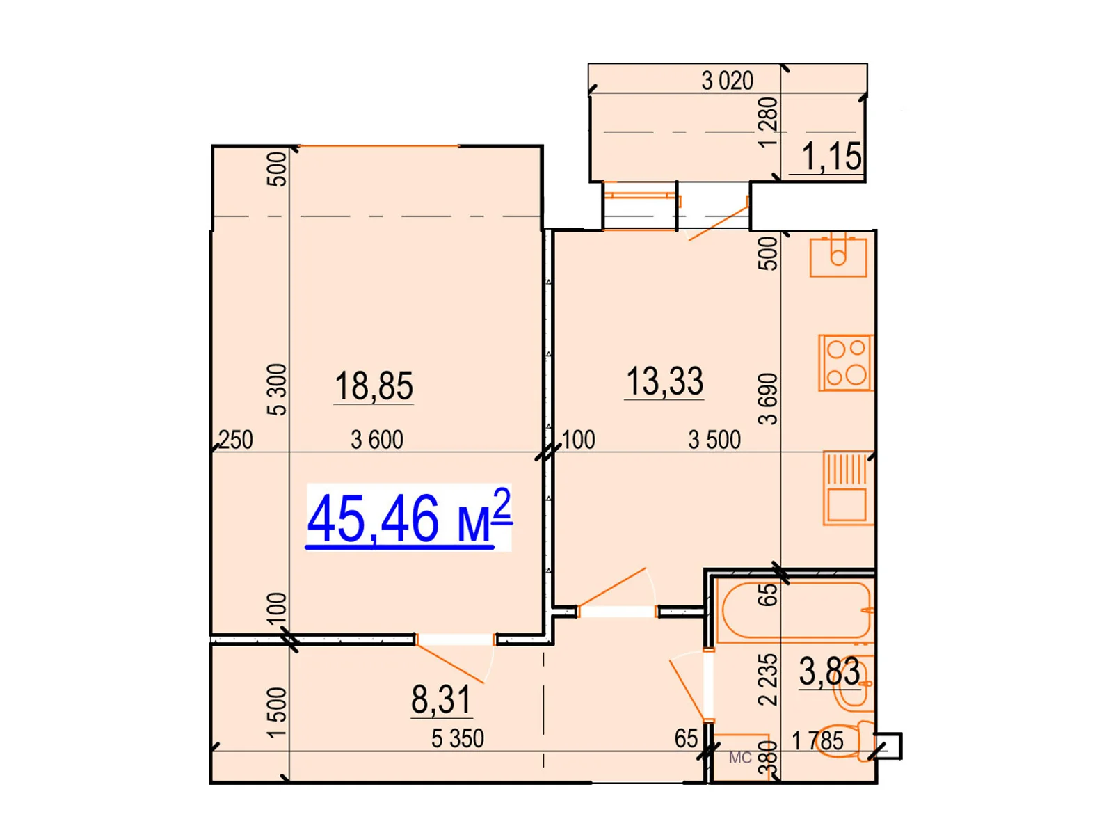 Продается 1-комнатная квартира 45.46 кв. м в Виннице - фото 1