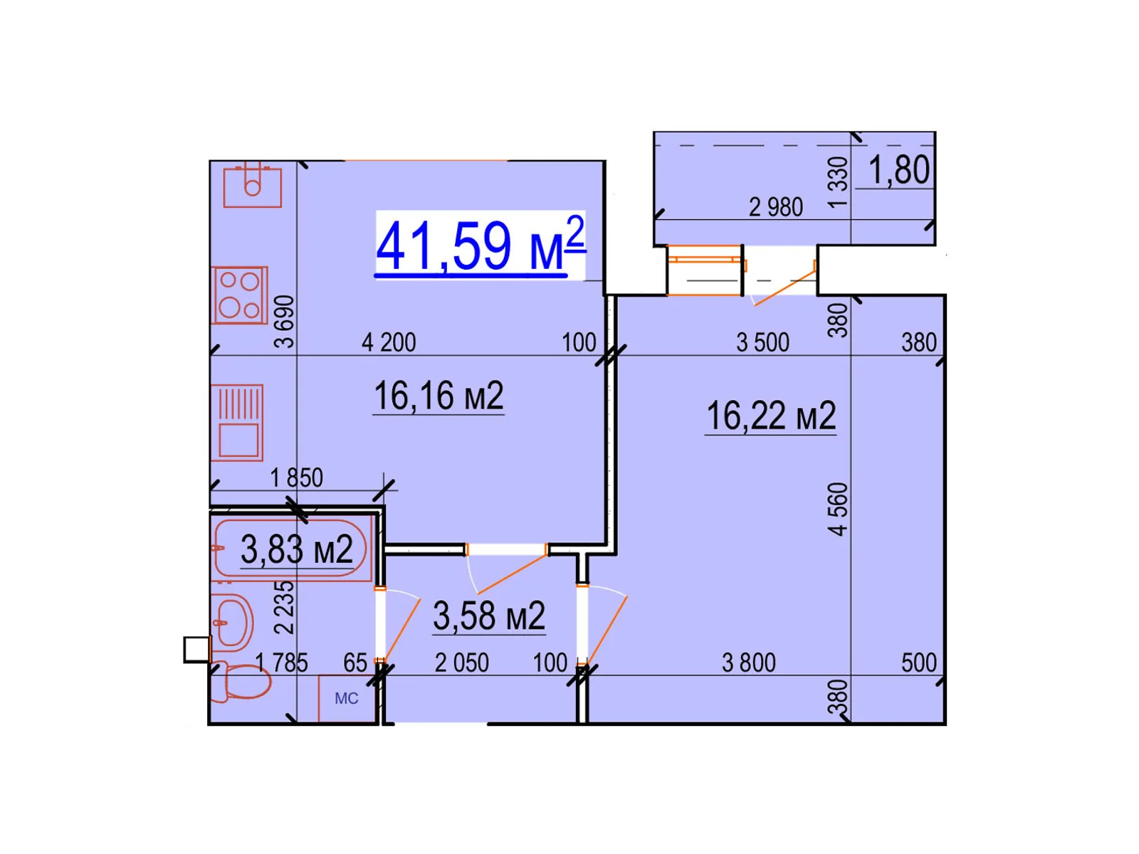 Продается 1-комнатная квартира 41.59 кв. м в Виннице, 4-й пер. Леонида Каденюка(Комарова)