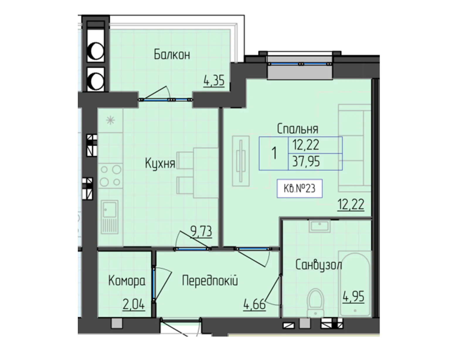 Продается 1-комнатная квартира 37.95 кв. м в Мукачеве, ул. Объездная, а,б,в,г,д