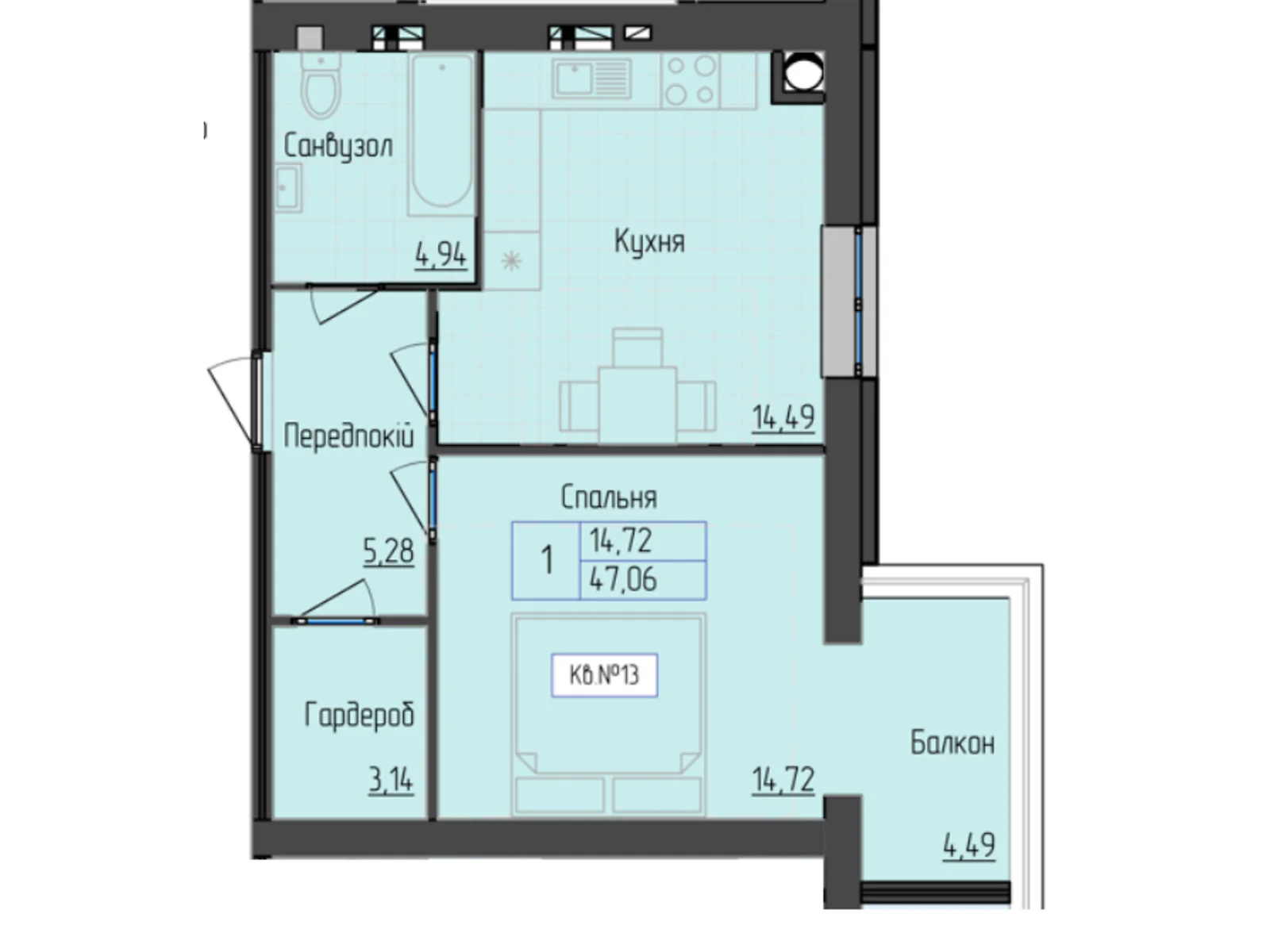 Продається 1-кімнатна квартира 47.06 кв. м у Мукачеві, цена: 35782 $