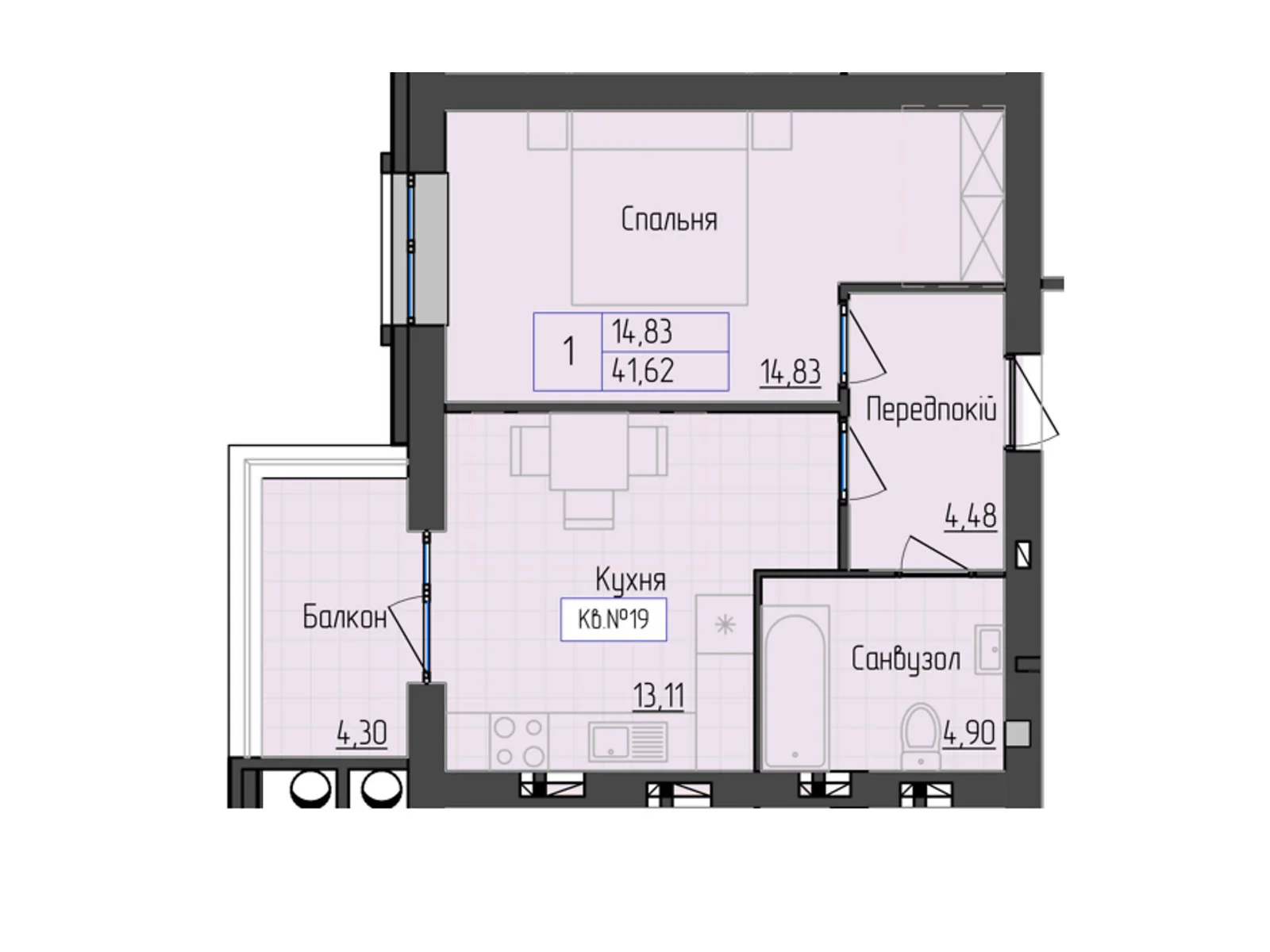 Продается 1-комнатная квартира 41.62 кв. м в Мукачеве, ул. Объездная, а,б,в,г,д