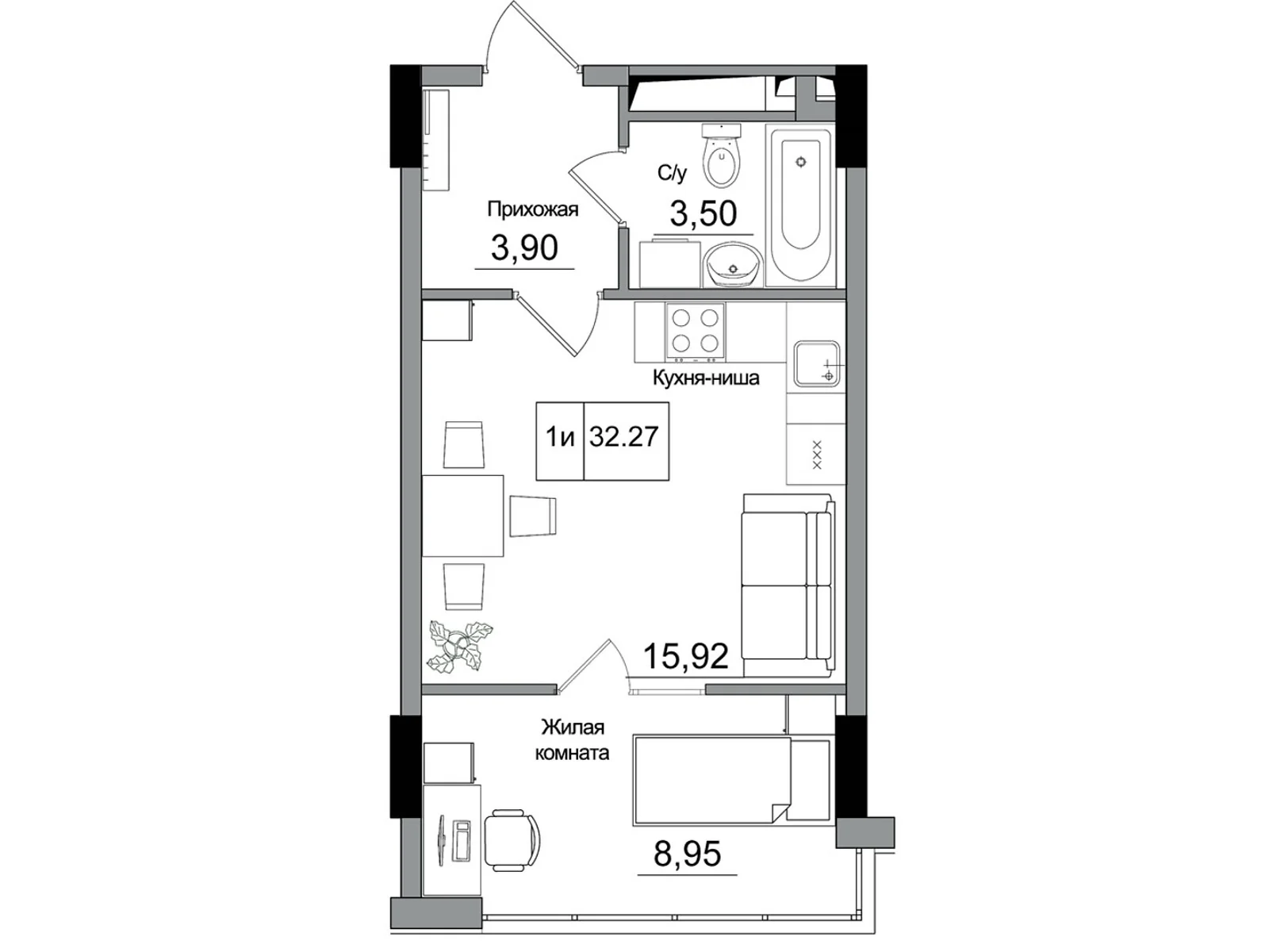 Продається 1-кімнатна квартира 32.27 кв. м у Одесі, вул. Спрейса, 1