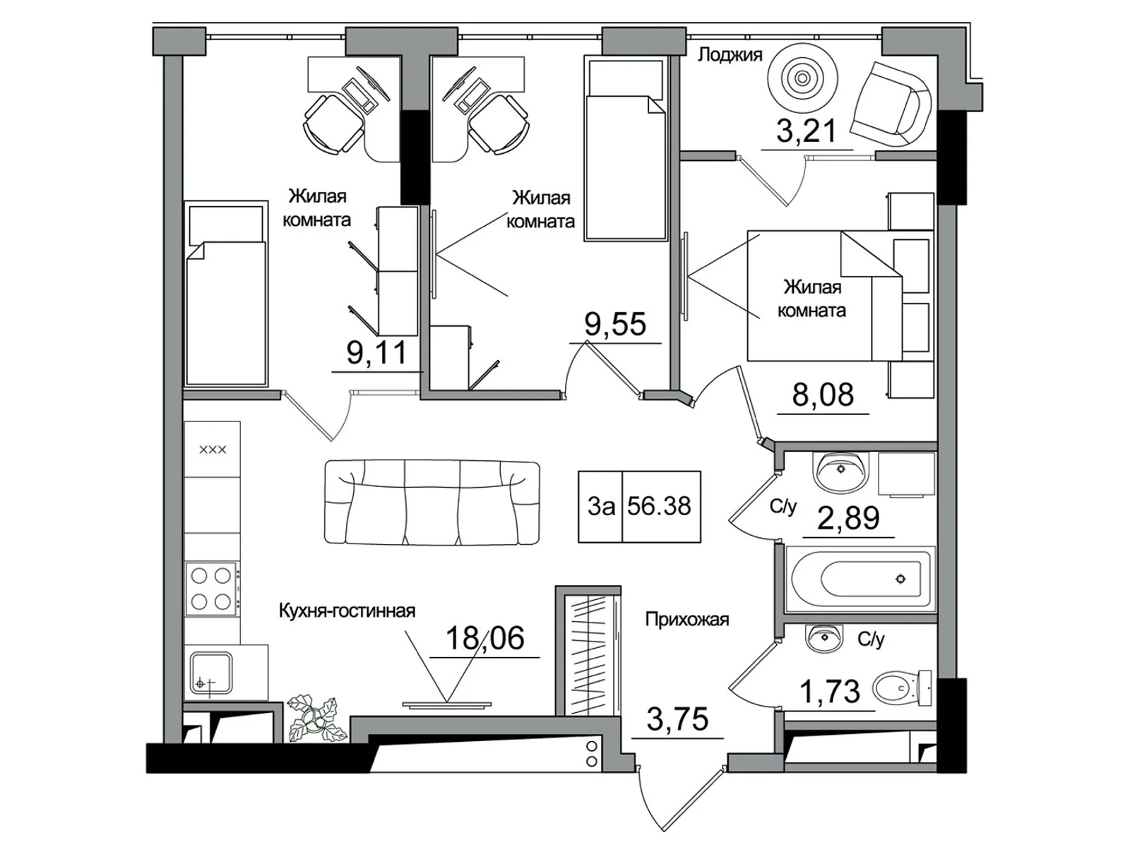 Продается 3-комнатная квартира 56.38 кв. м в Одессе, ул. Спрейса, 1