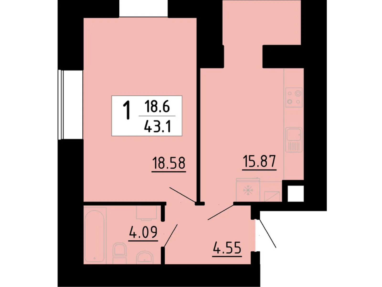 1-комнатная квартира 43 кв. м в Тернополе, ул. Академика Сергея Королева, 7Б