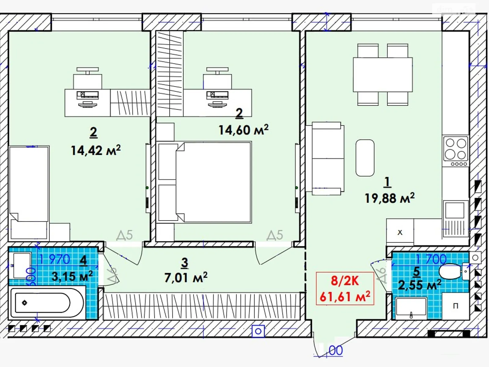 Продается 2-комнатная квартира 61.61 кв. м в Ивано-Франковске, ул. Довбуша - фото 1