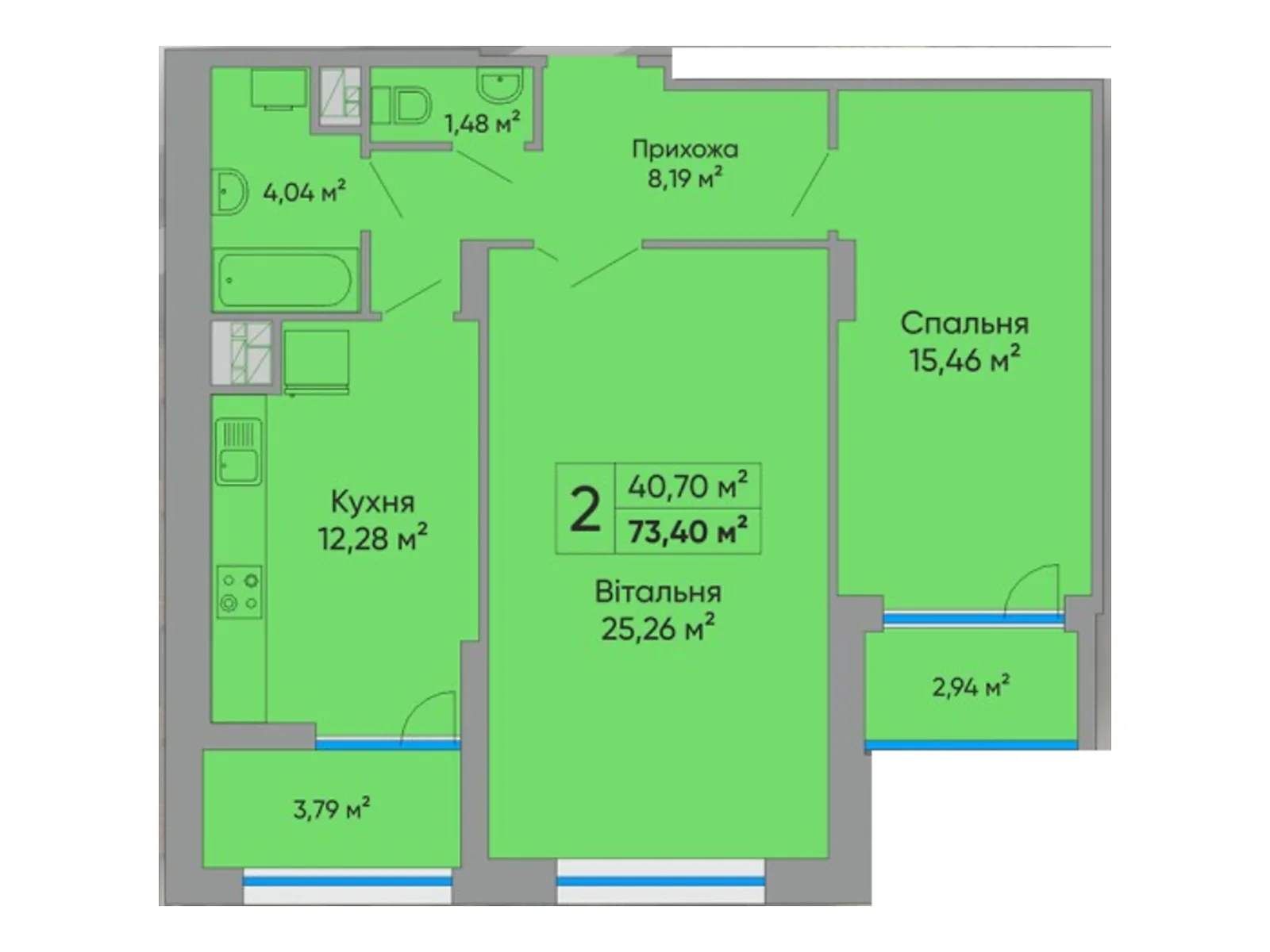 2-комнатная квартира 67 кв. м в Тернополе