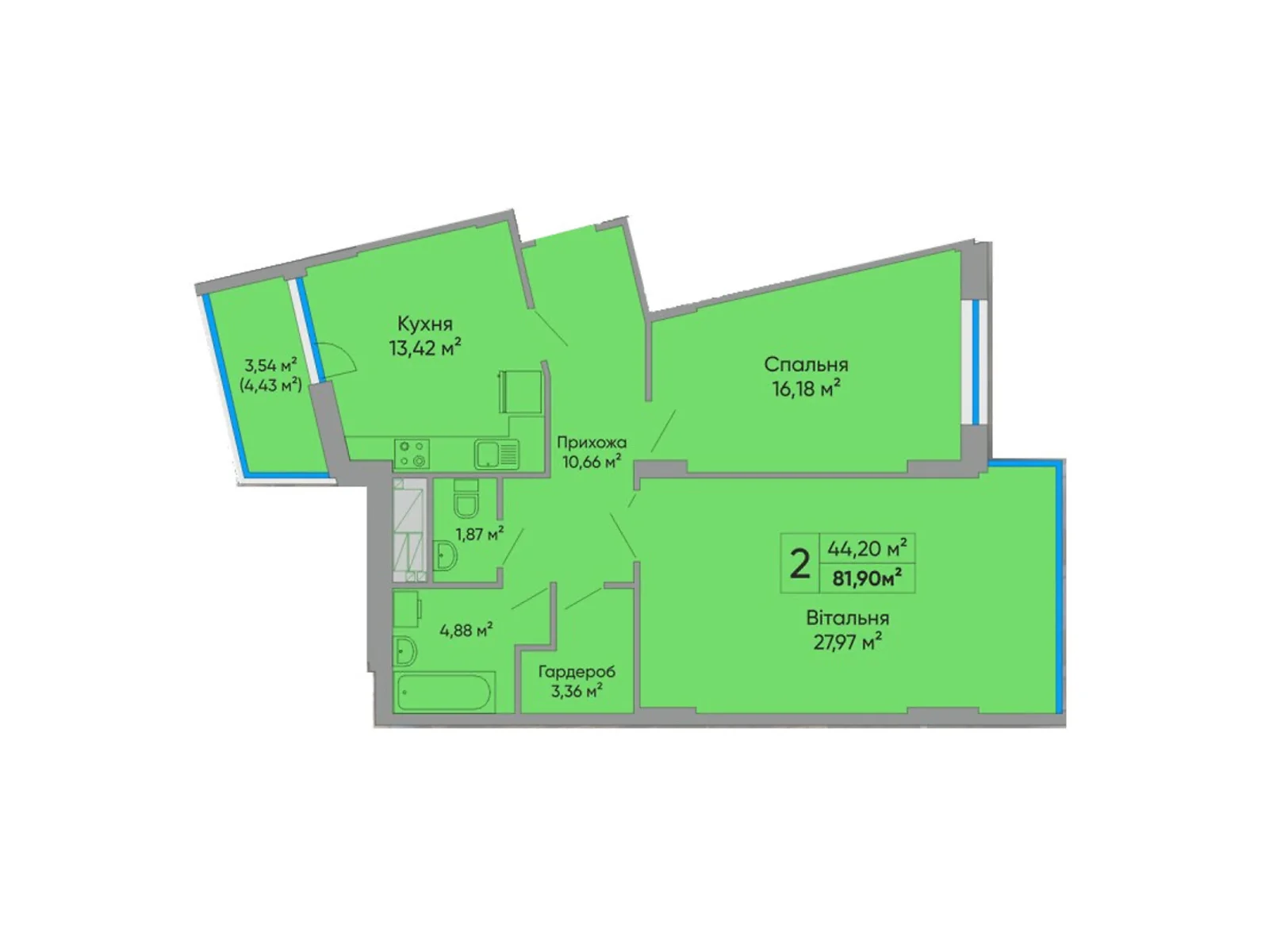 2-кімнатна квартира 81.9 кв. м у Тернополі, цена: 77395 $