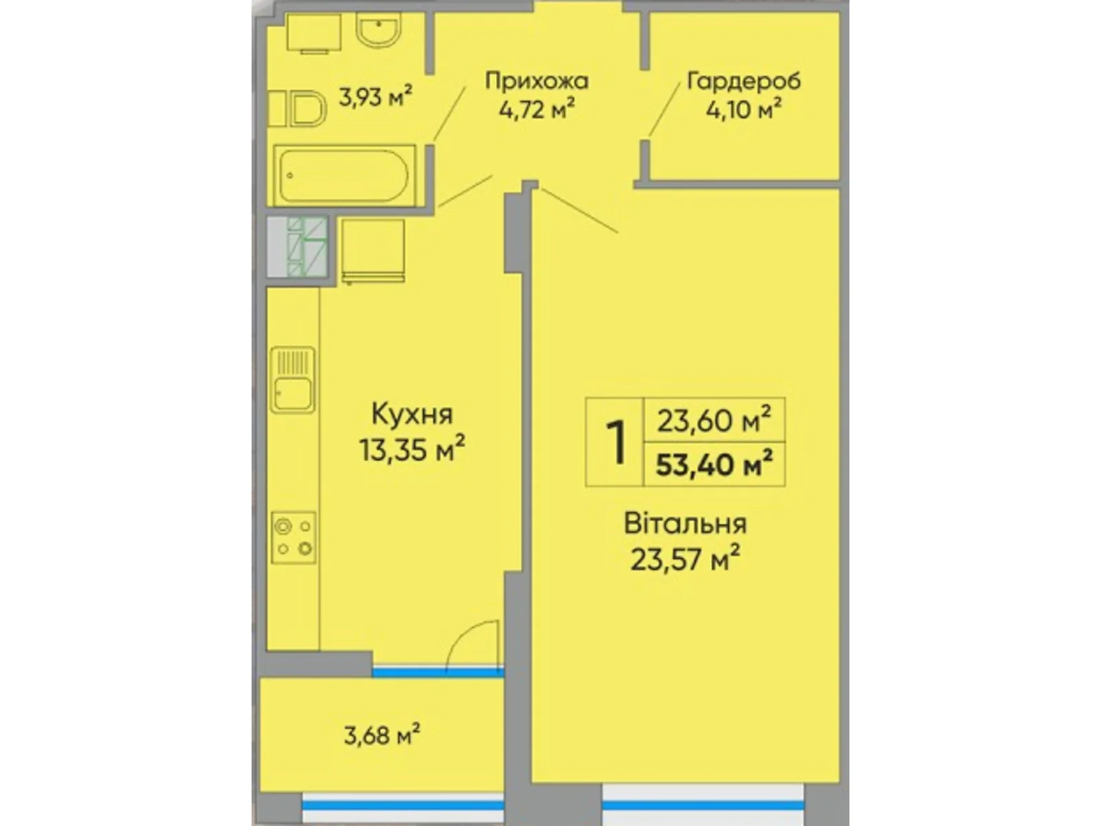 1-комнатная квартира 53.6 кв. м в Тернополе