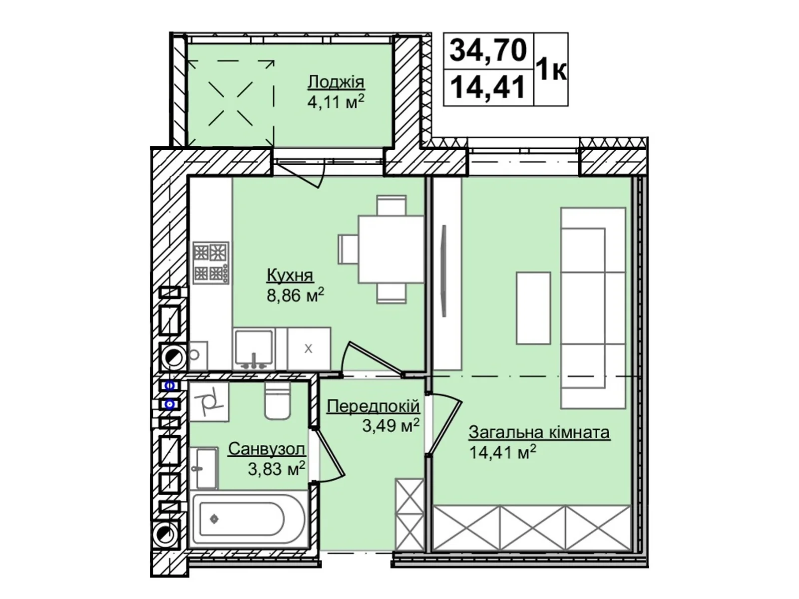 Продается 1-комнатная квартира 34.7 кв. м в Каменце-Подольском, цена: 19779 $ - фото 1