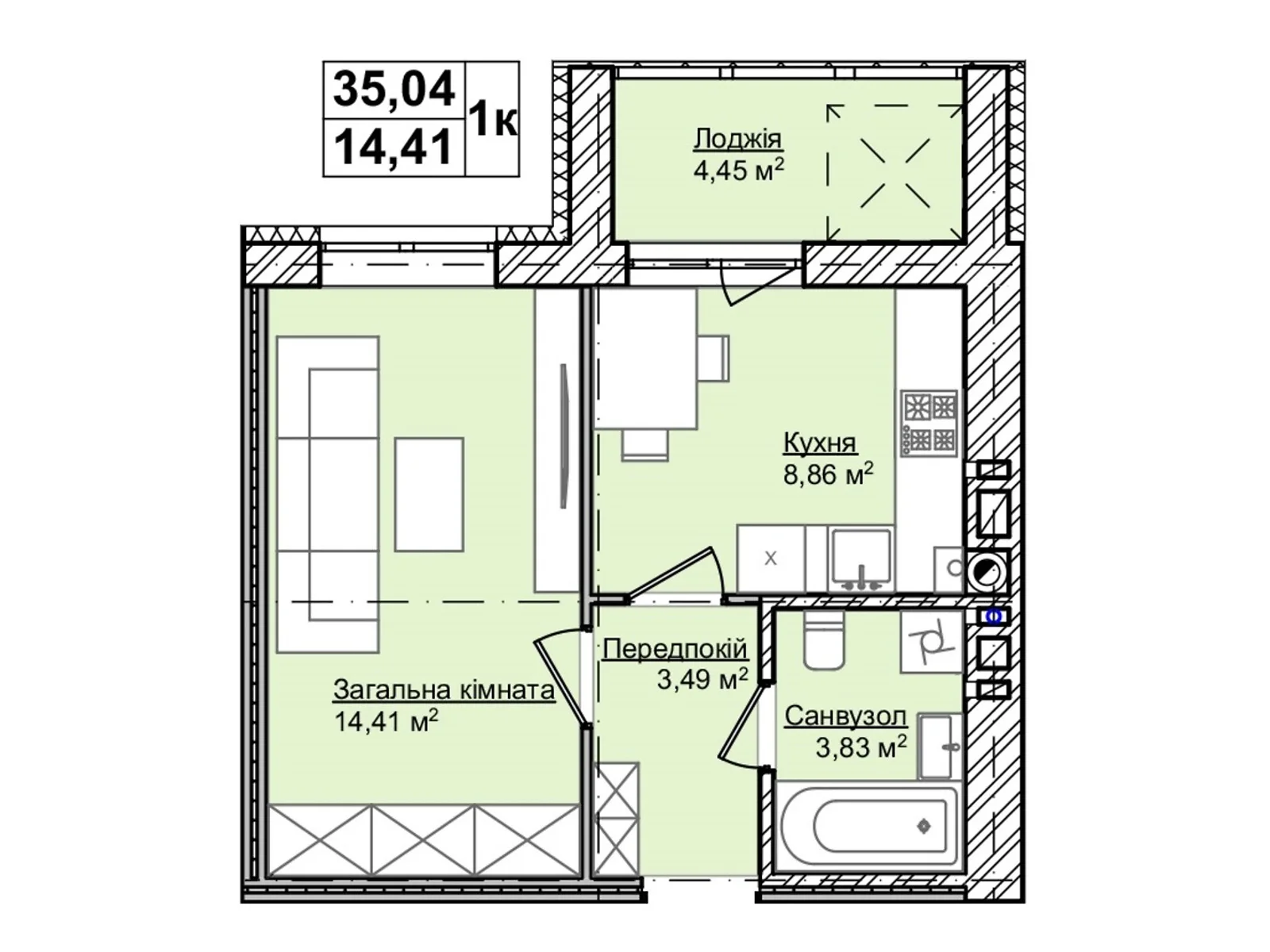 Продается 1-комнатная квартира 35.04 кв. м в Каменце-Подольском - фото 1