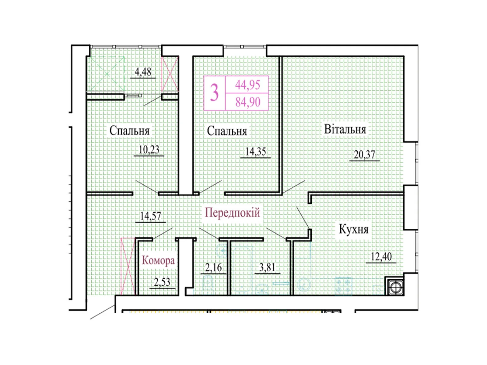 3-кімнатна квартира 84.9 кв. м у Луцьку, цена: 68176 $